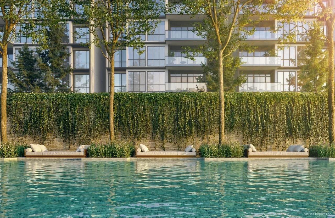 Amberwood at Holland pool with daybeds and a greenery-draped block, artist's impression