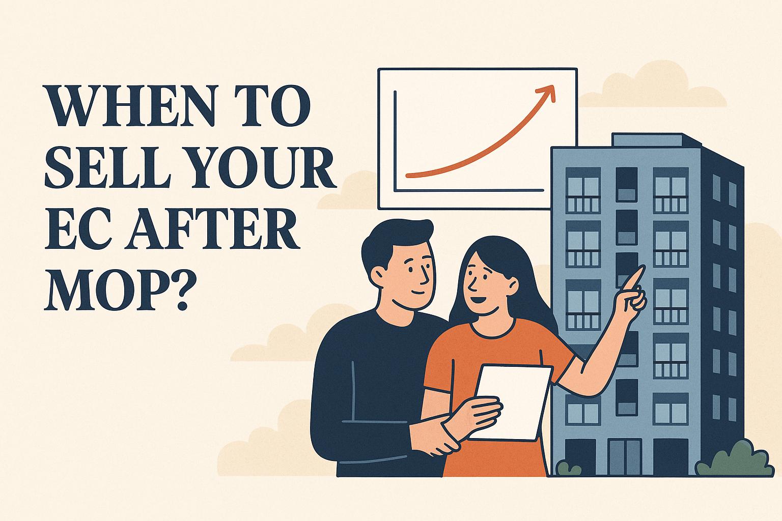 When to sell your EC after MOP: a couple pointing at a rising price chart beside an EC block