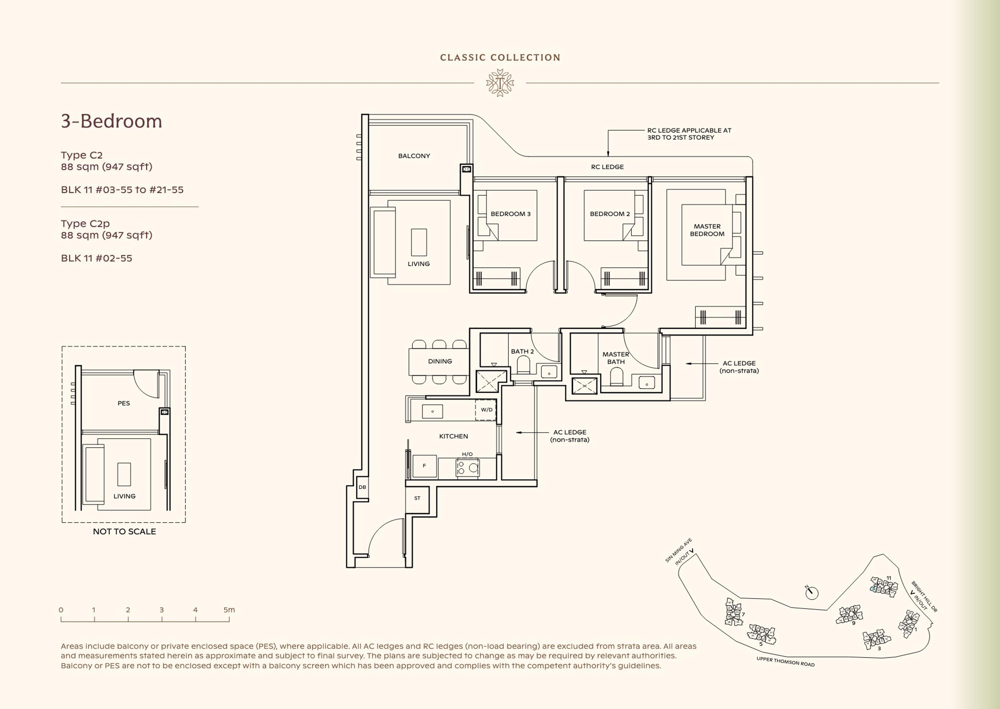 Lucerne Grand 3-Bedroom floor plan, Type C2 / C2p (88 sqm / 947 sq ft)