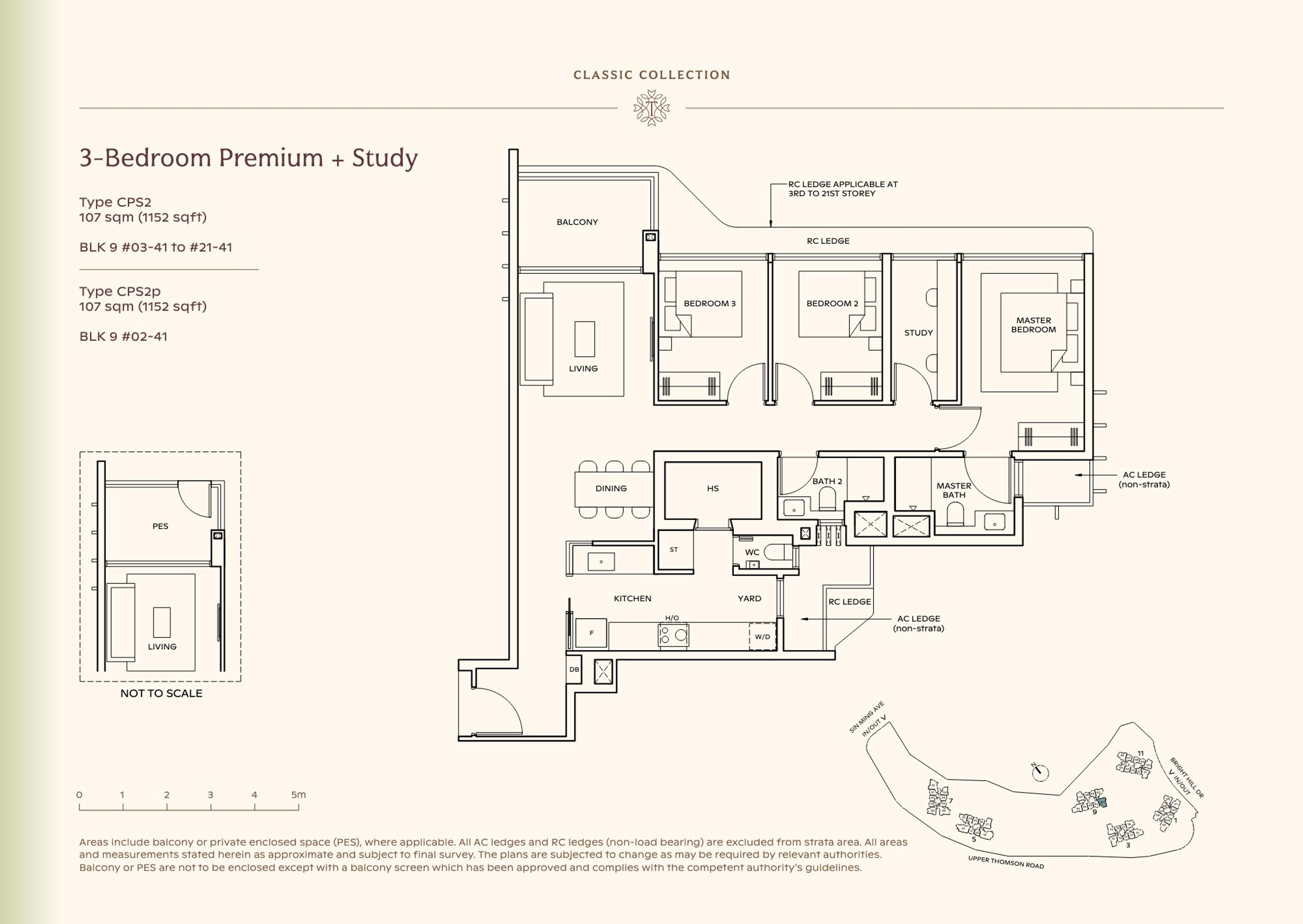 Lucerne Grand 3-Bedroom Premium + Study floor plan, Type CPS2 / CPS2p (107 sqm / 1,152 sq ft)