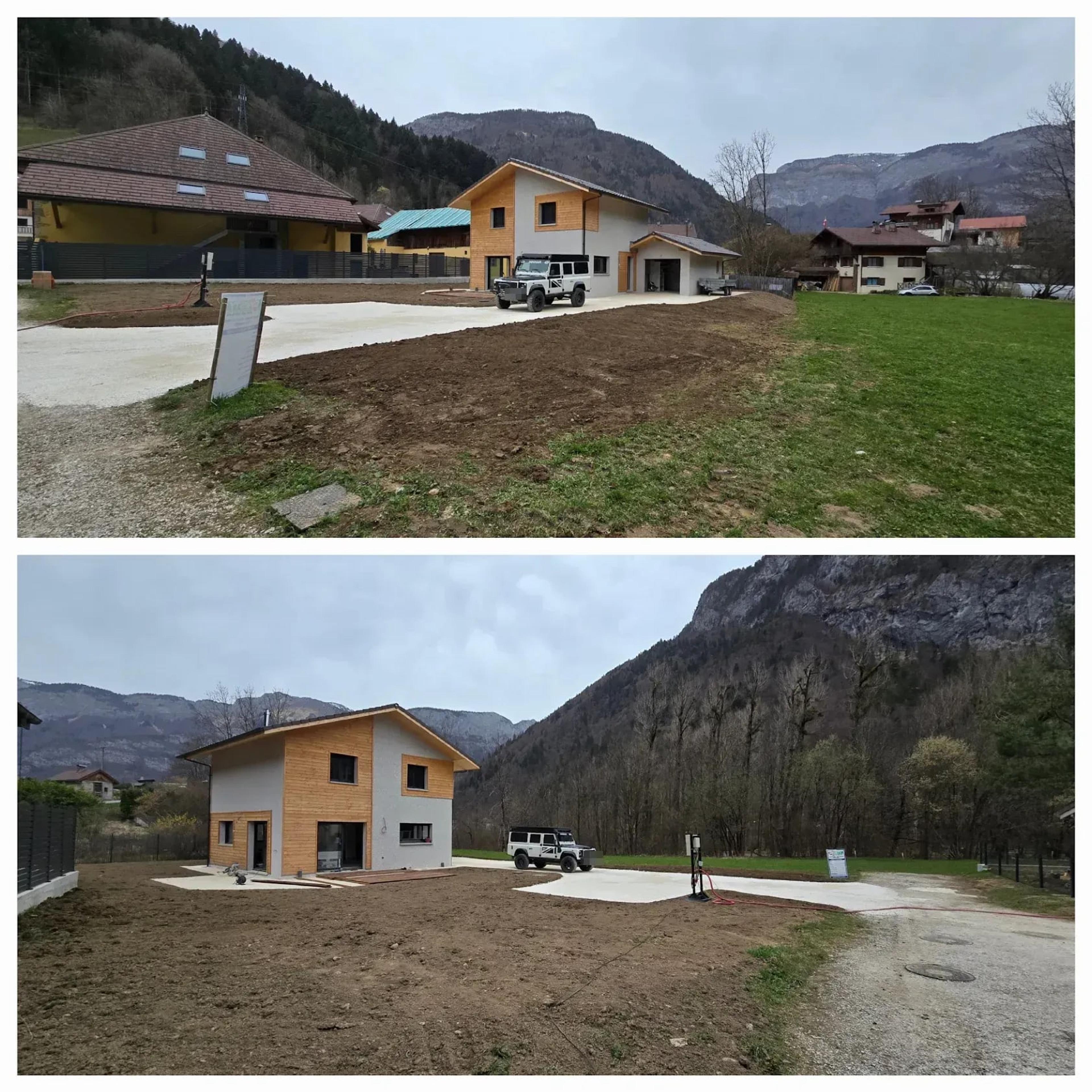 La maison terminée, en deux vues : façades enduites et bardage bois, au pied de la montagne