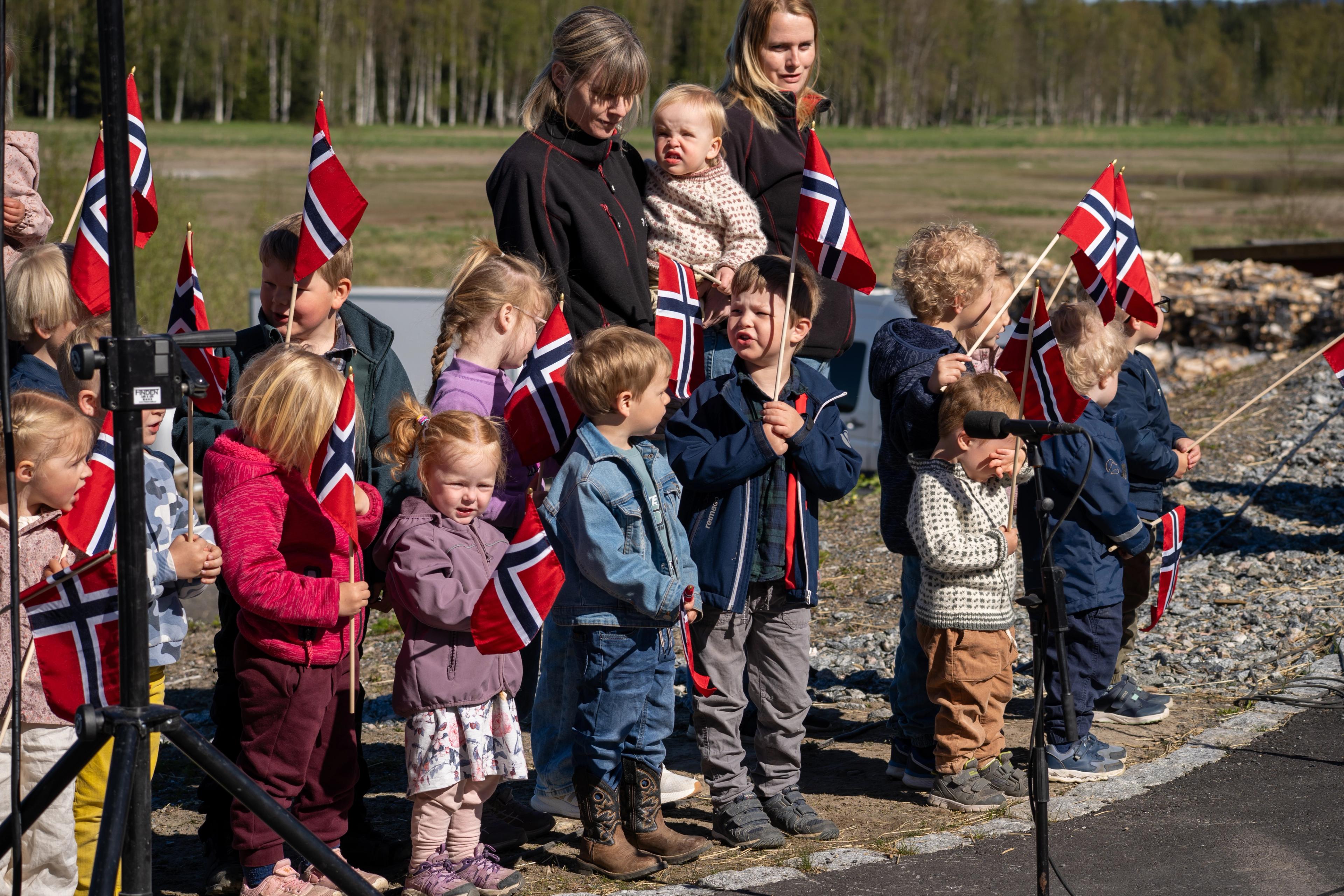 Barnehagebarn med norske flagg.