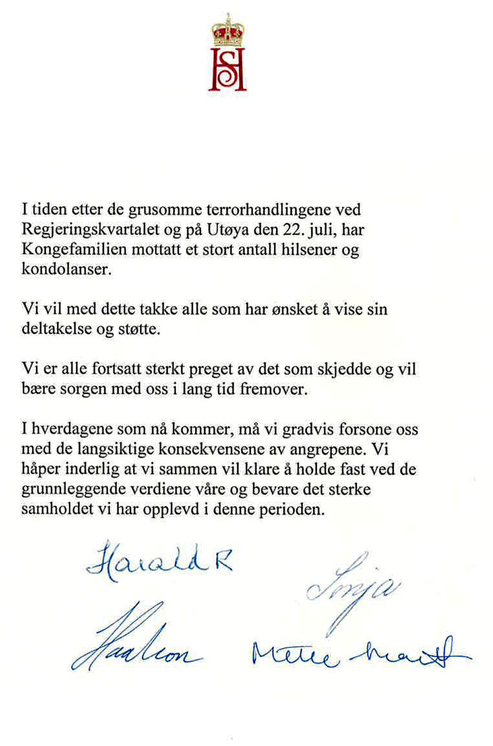 Faksimile av brevet, med Kongevåpenet preget i topp og de fires håndskrevne signaturer nederst.