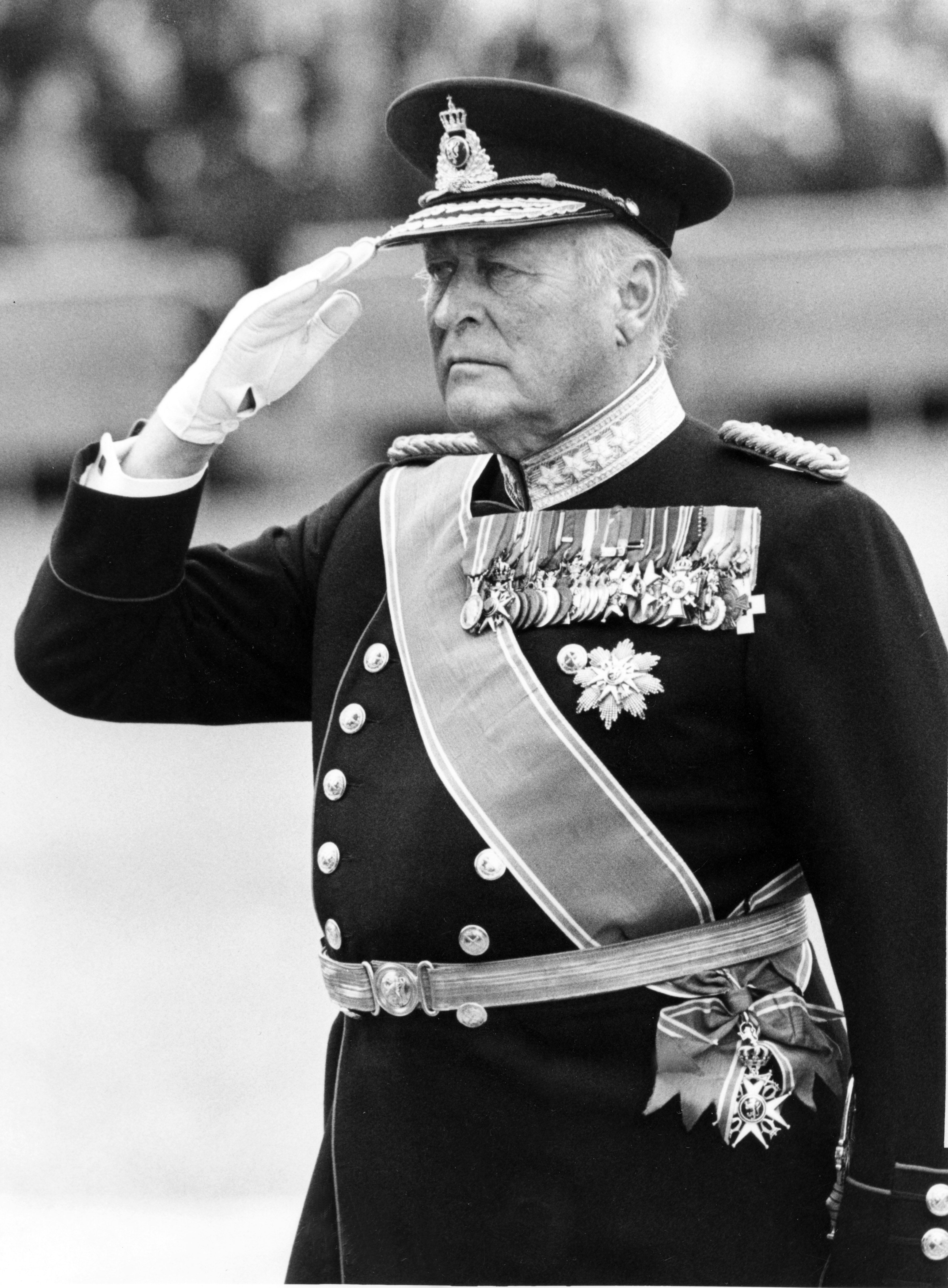 Portrett av Kong Harald i gallauniform med ordener og medaljer.