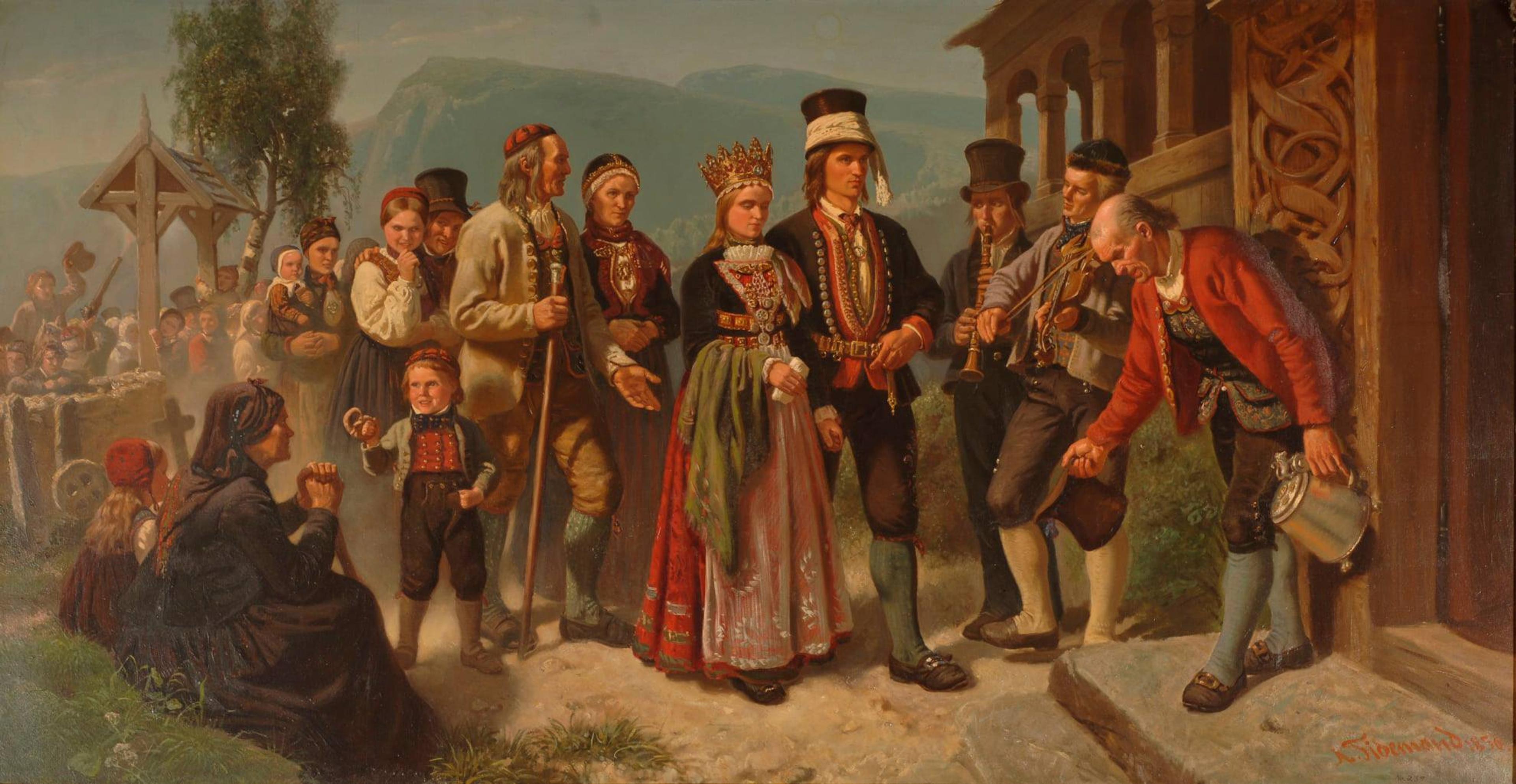 Maleri av et brudefølge som kommer til gårds. Først går brudeparet i bunad, komplett med brudekrone. Det er musikanter i følget.