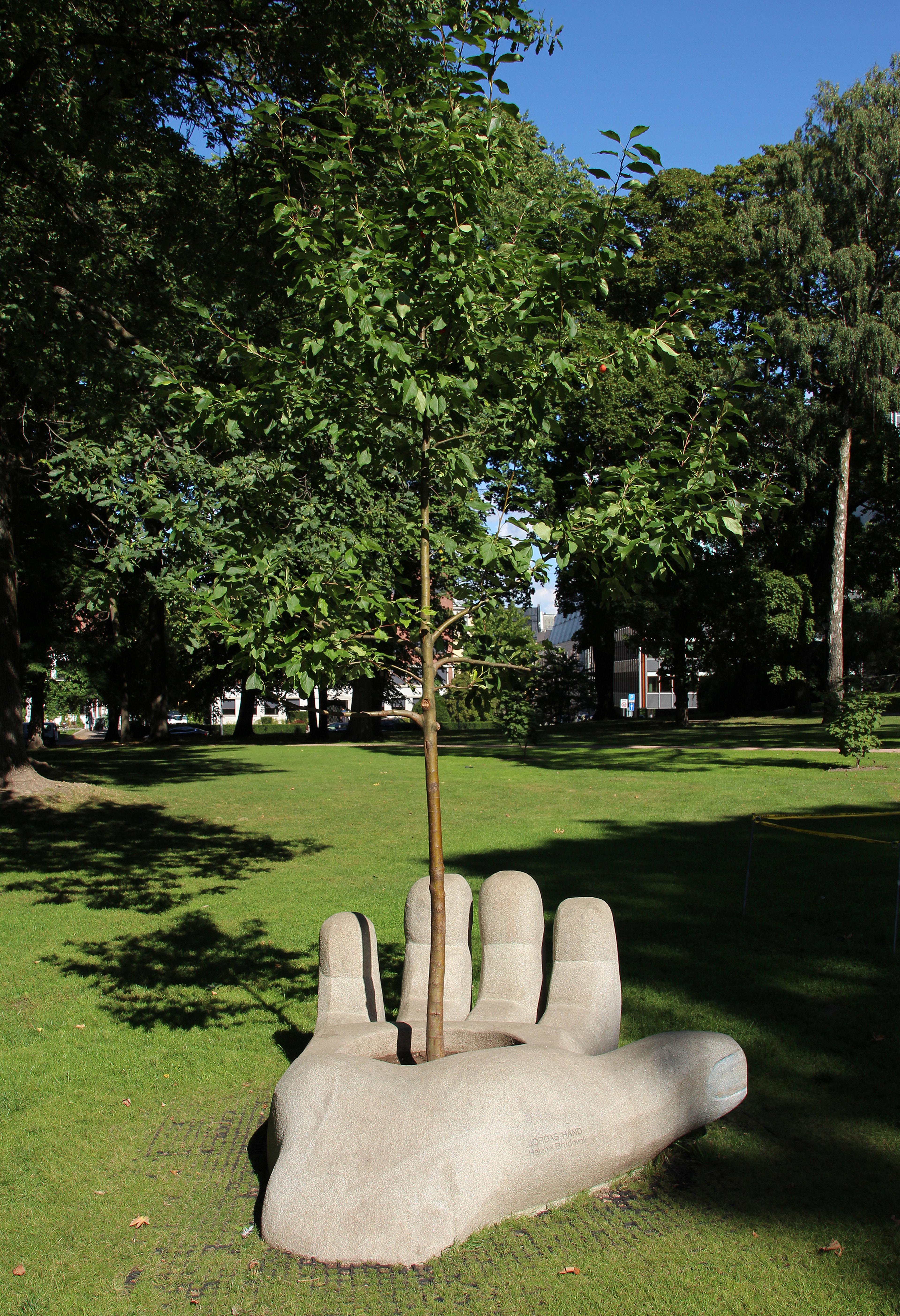 En stor hånd i betong ligger på gresset med håndflaten opp. Det er et bed i midten, og opp fra dette vokser det et tre.