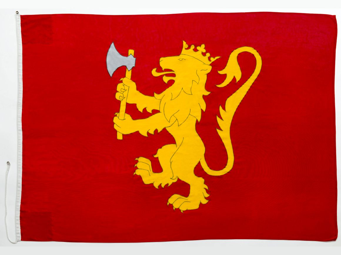 Kongeflagget er rødt med en kronet løve i gull. Løven står på bakbena og løfter en stridsøks med sølvfarget blad i forlabbene. 