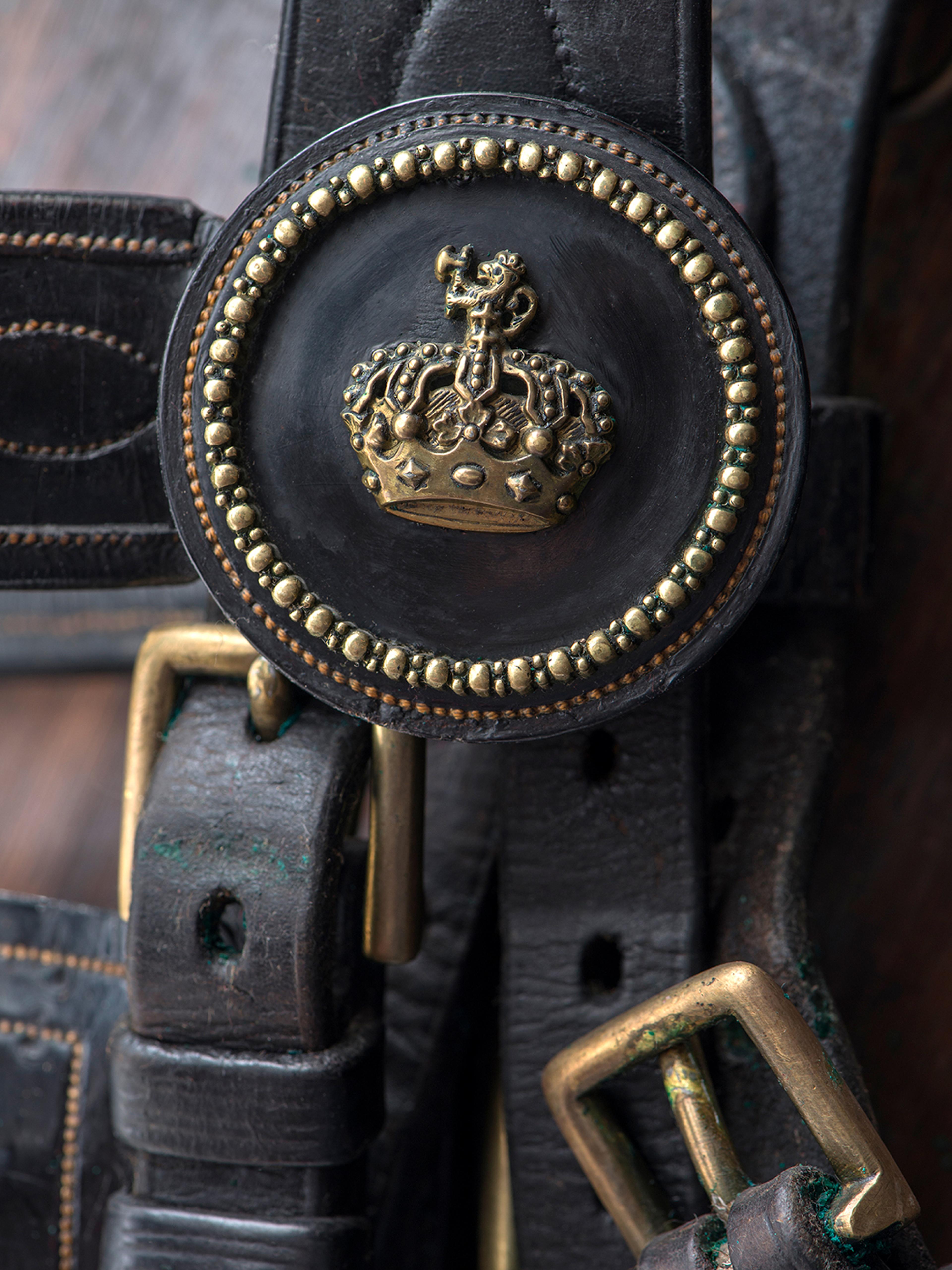 Nærbilde av lær-remmer med kongekrone og riksløve