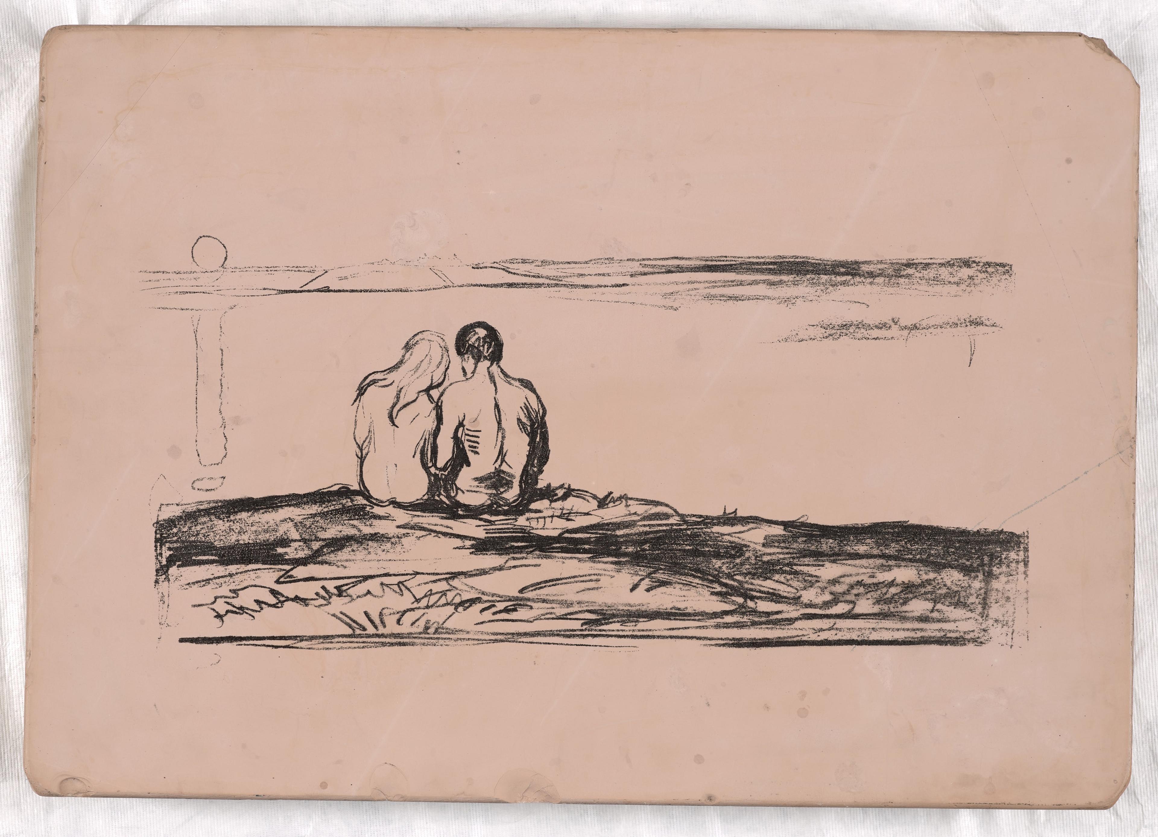 Trykkestenen til det grafiske verket Måneoppgang. Et par sitter nakne med ryggen til og betrakter solen som går ned i havet.