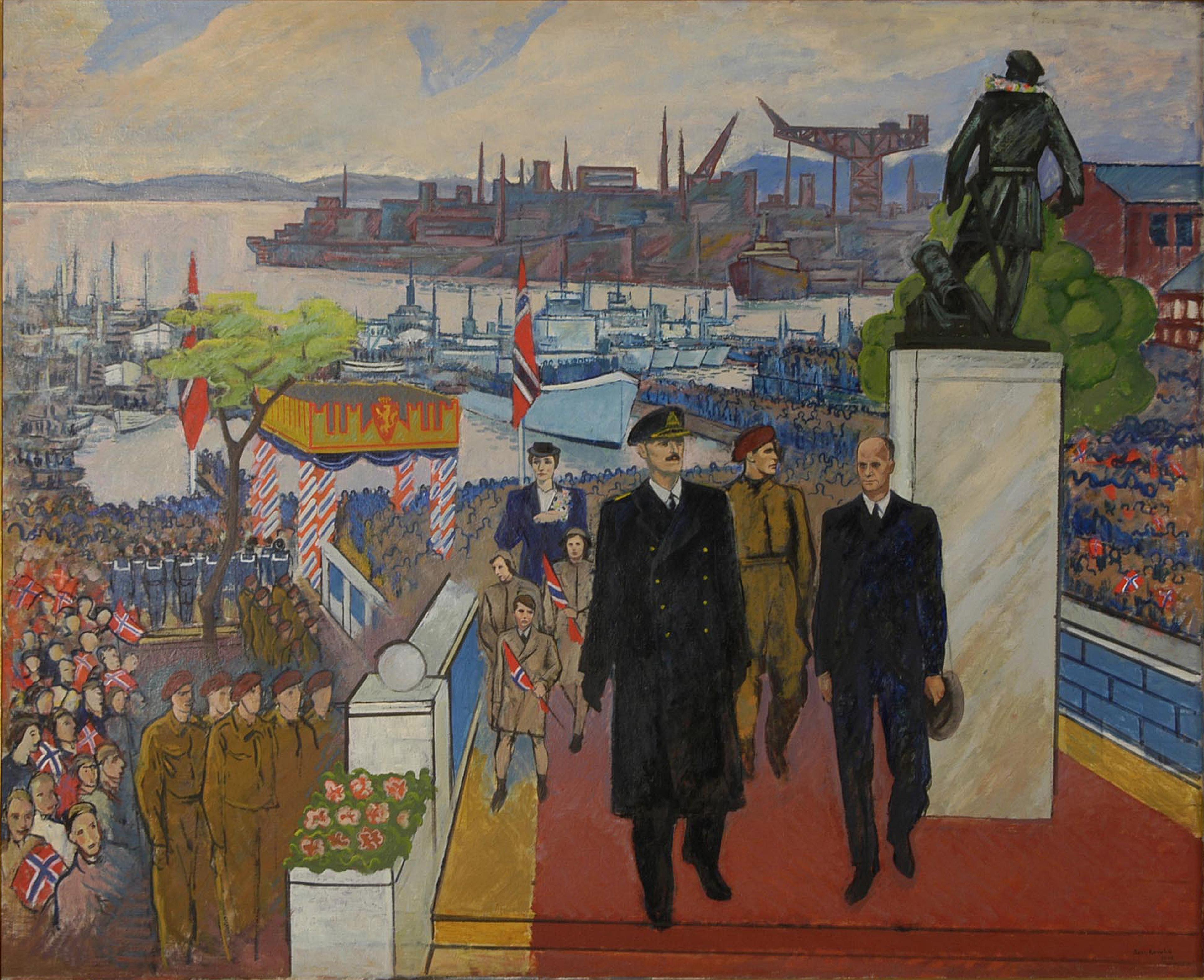 Maleriet viser Oslo havn med skip og kraner i bakgrunnen. Opp en rød løper kommer Kong Haakon VII og Einar Gerhardsen. Bak dem ser vi Kronpris Olav, Kronprinsesse Märtha og de tre barna. Mange mennesker med flagg står omkring.