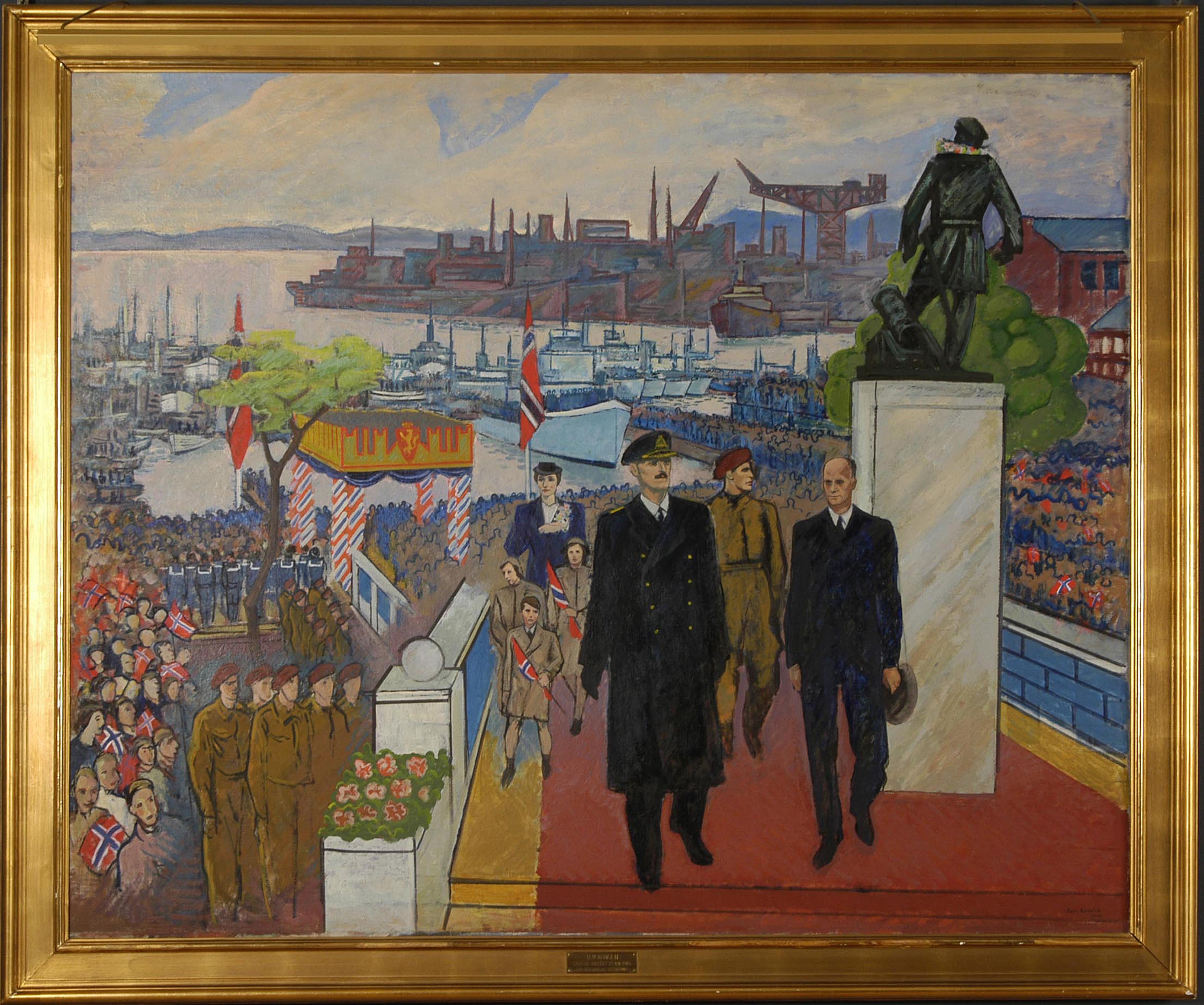 Maleriet viser Oslo havn med skip og kraner i bakgrunnen. Opp en rød løper kommer Kong Haakon VII og Einar Gerhardsen. Bak dem ser vi Kronpris Olav, Kronprinsesse Märtha og de tre barna. Mange mennesker med flagg står omkring.