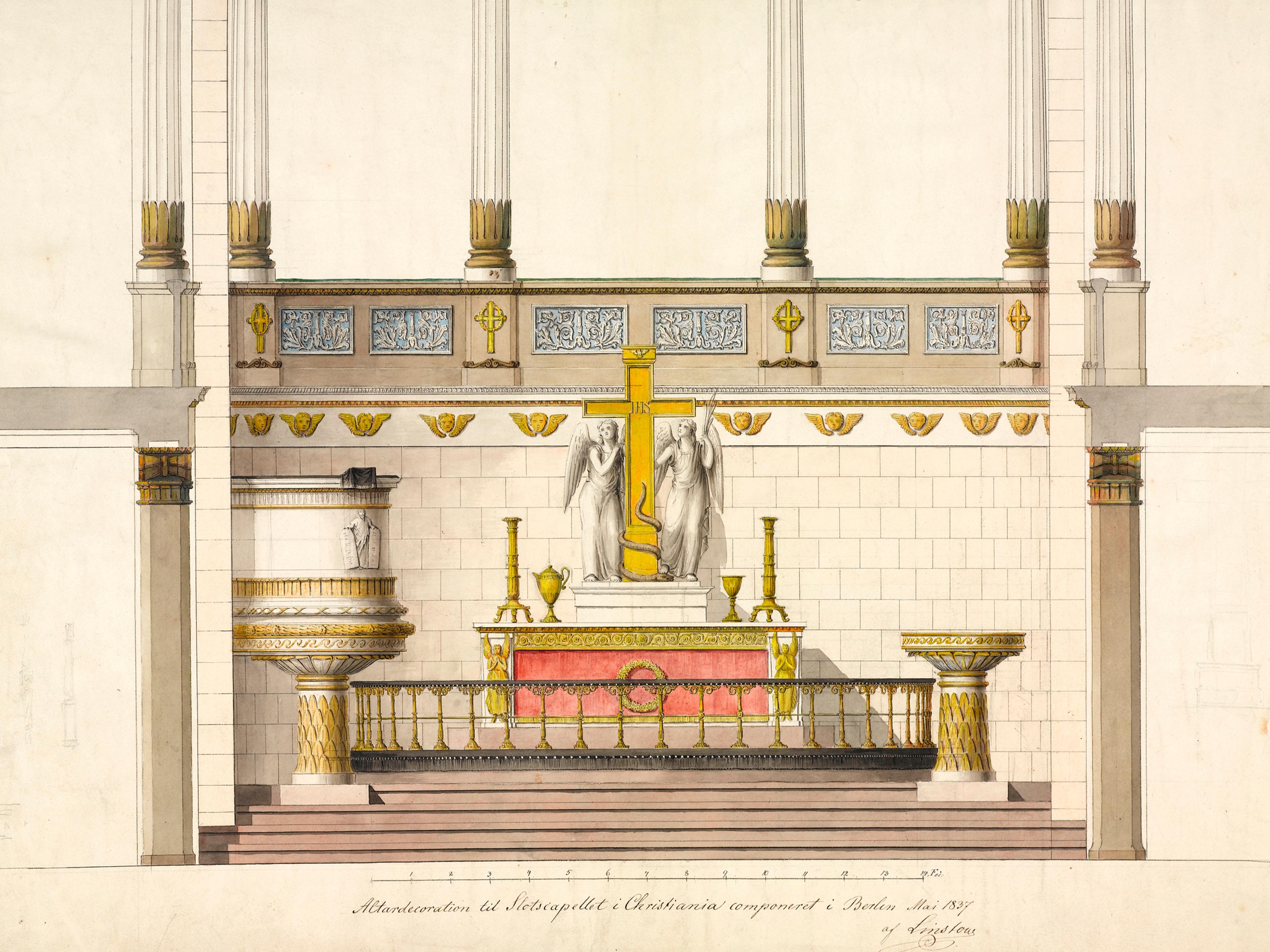 Slottsarkitektens tegning av hvordan alteret skulle se ut.