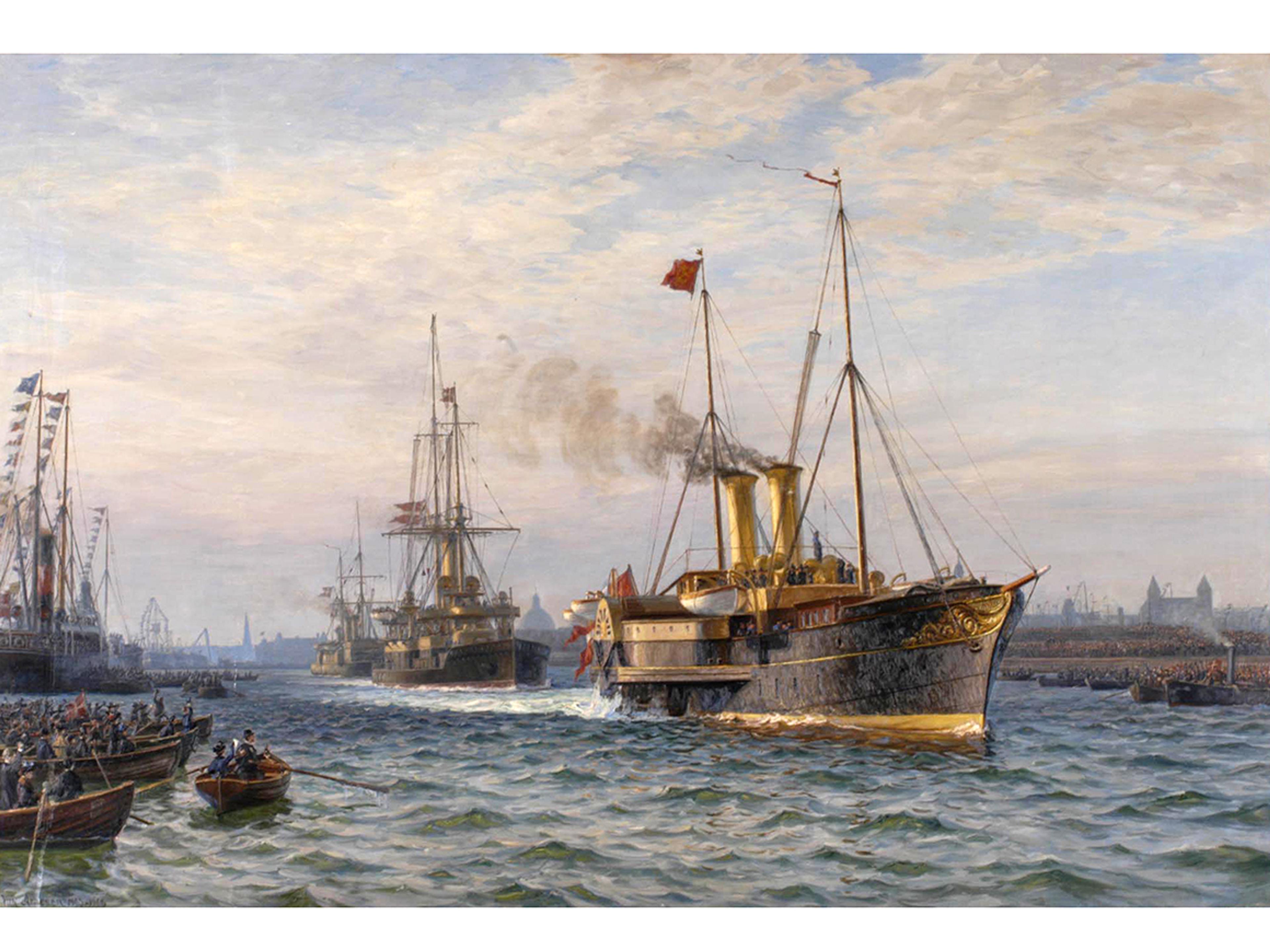 Et dampskip stevner ut fra København. De følges av ytterligere to skip og en mengde småbåter fulle av mennesker ligger bi.