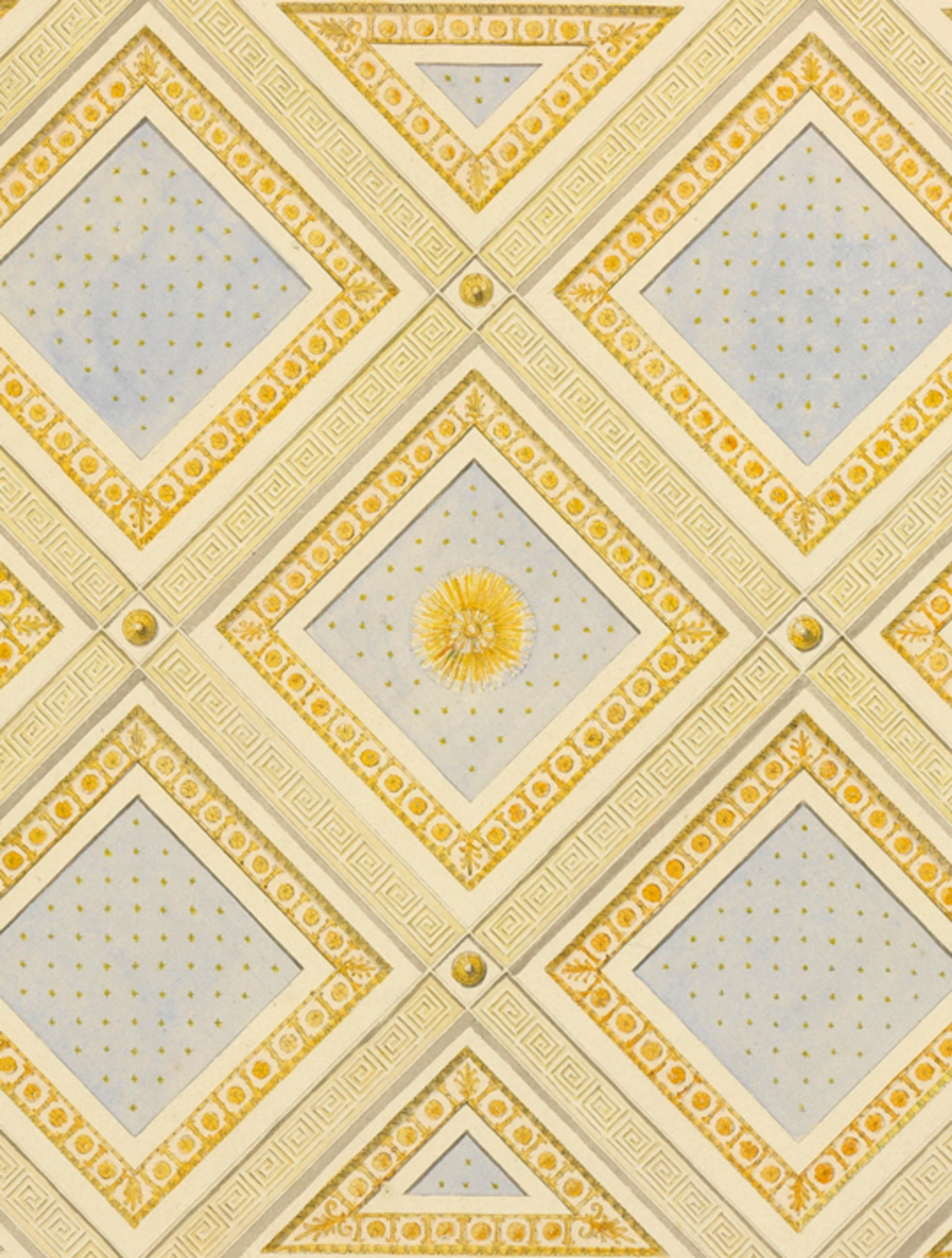 Forslaget viser diagonale kasetter med gullramme og blå bund pyntet med små stjerner.