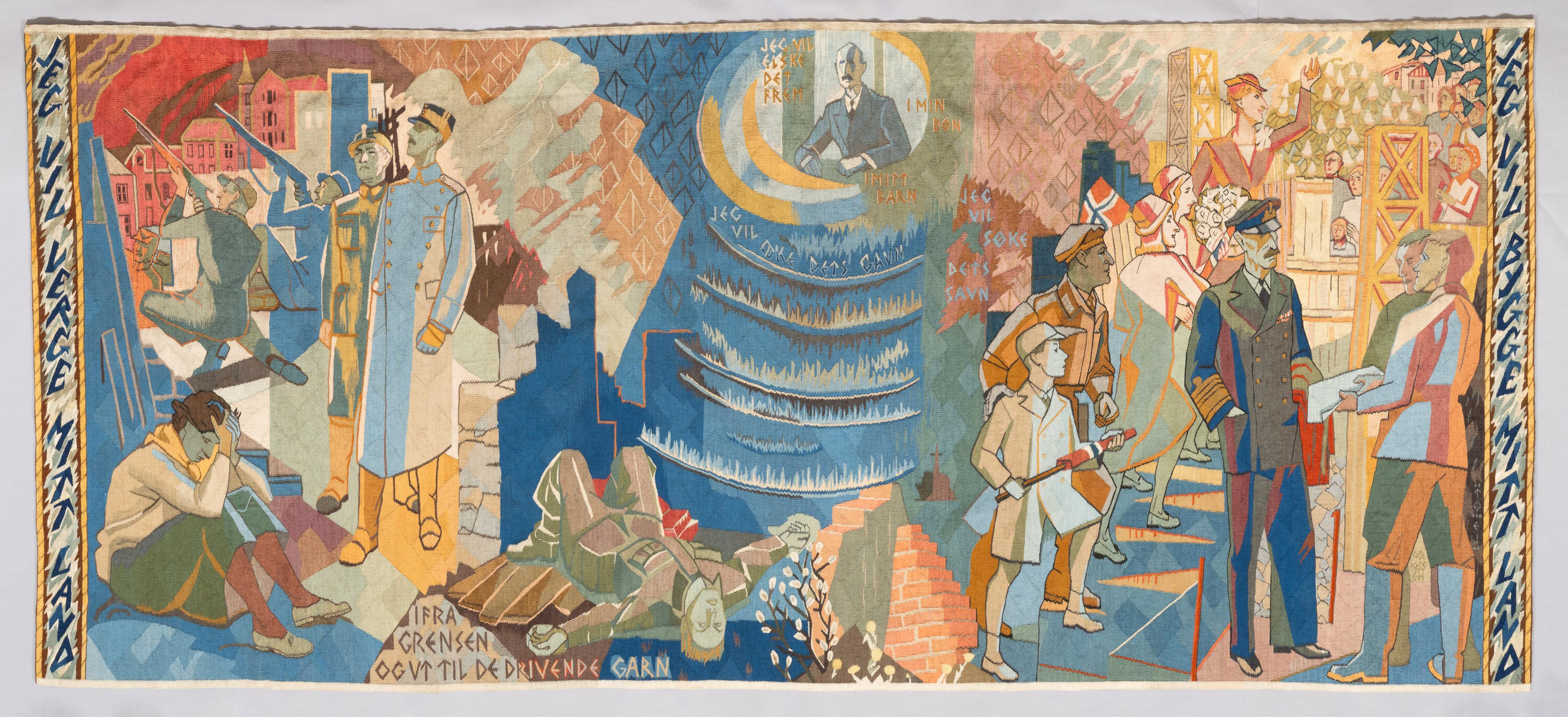 En billedvev med viktige hendelser i Kong Haakons liv, spesielt fra krigen.