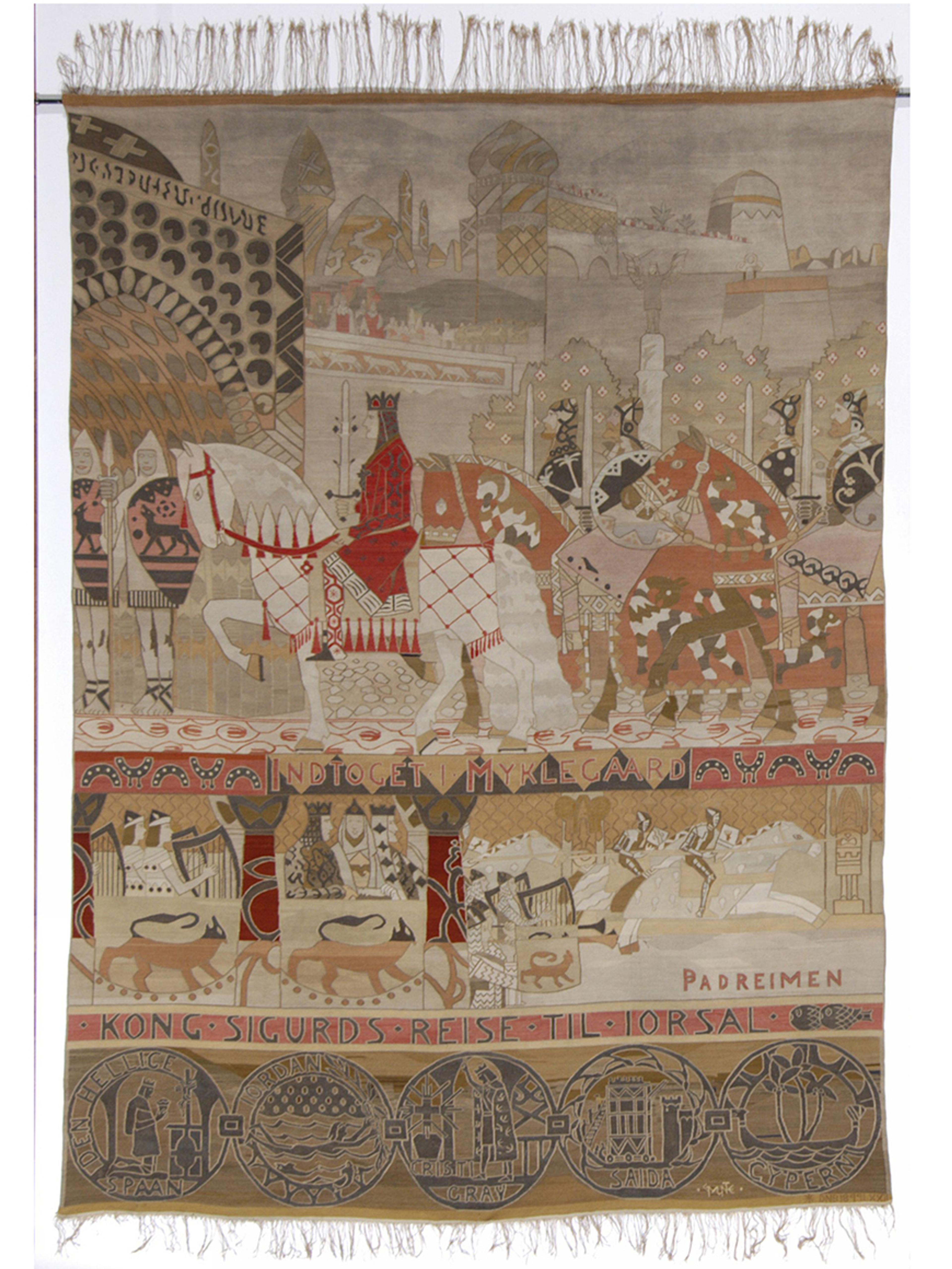 En stor billedvev viser hendelser fra Sigurd Jorsalfares reise til Jerusalem.