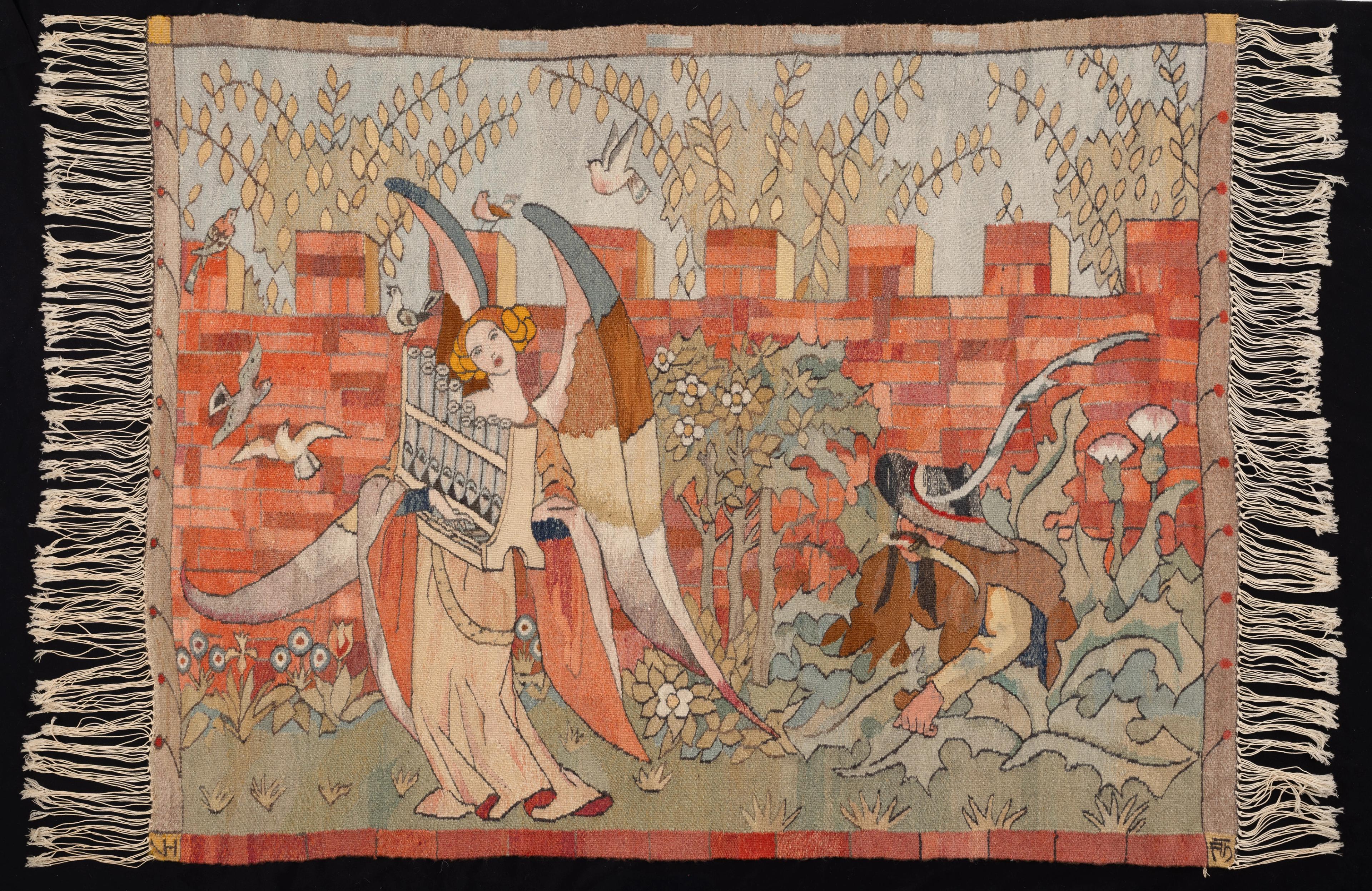 Billedvev med motiv av en orgelspillende engel og jeger.