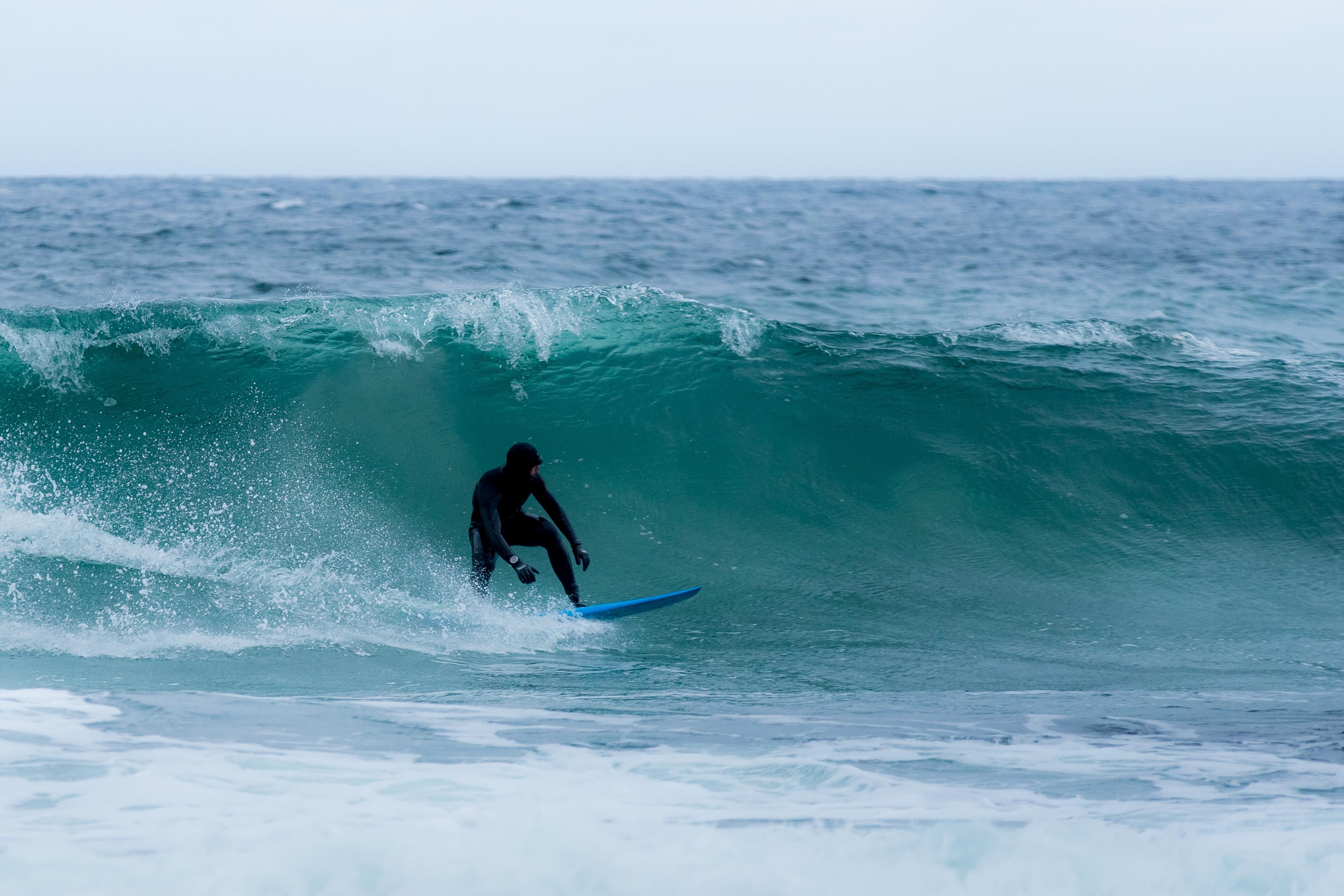 Kronprins Haakon i våtdrakt på et blått brett surfer en bølge grønt hav
