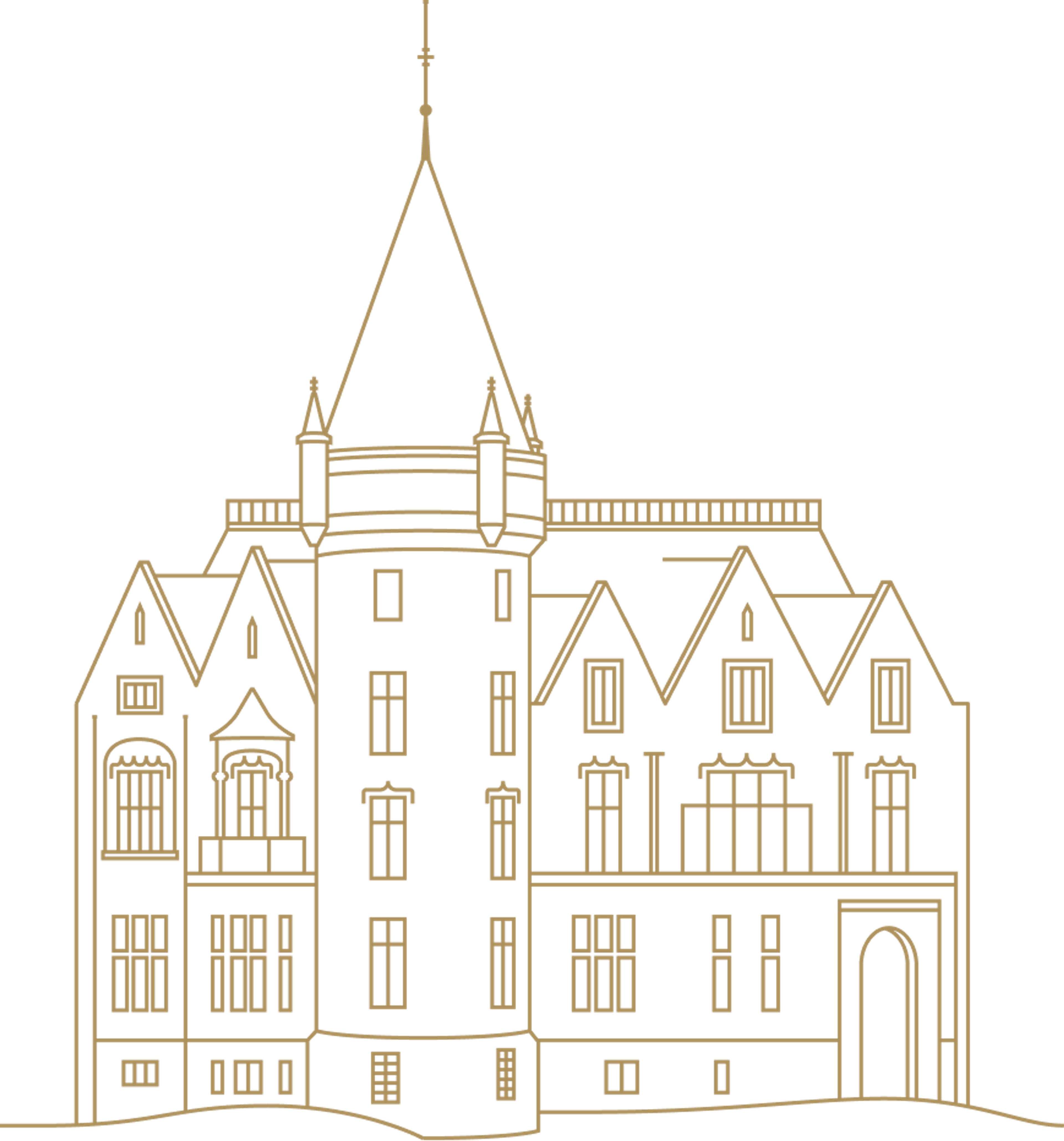 Skissetegning av Gamlehaugen med tårnet nærmest. Skissen er i gullstrek.
