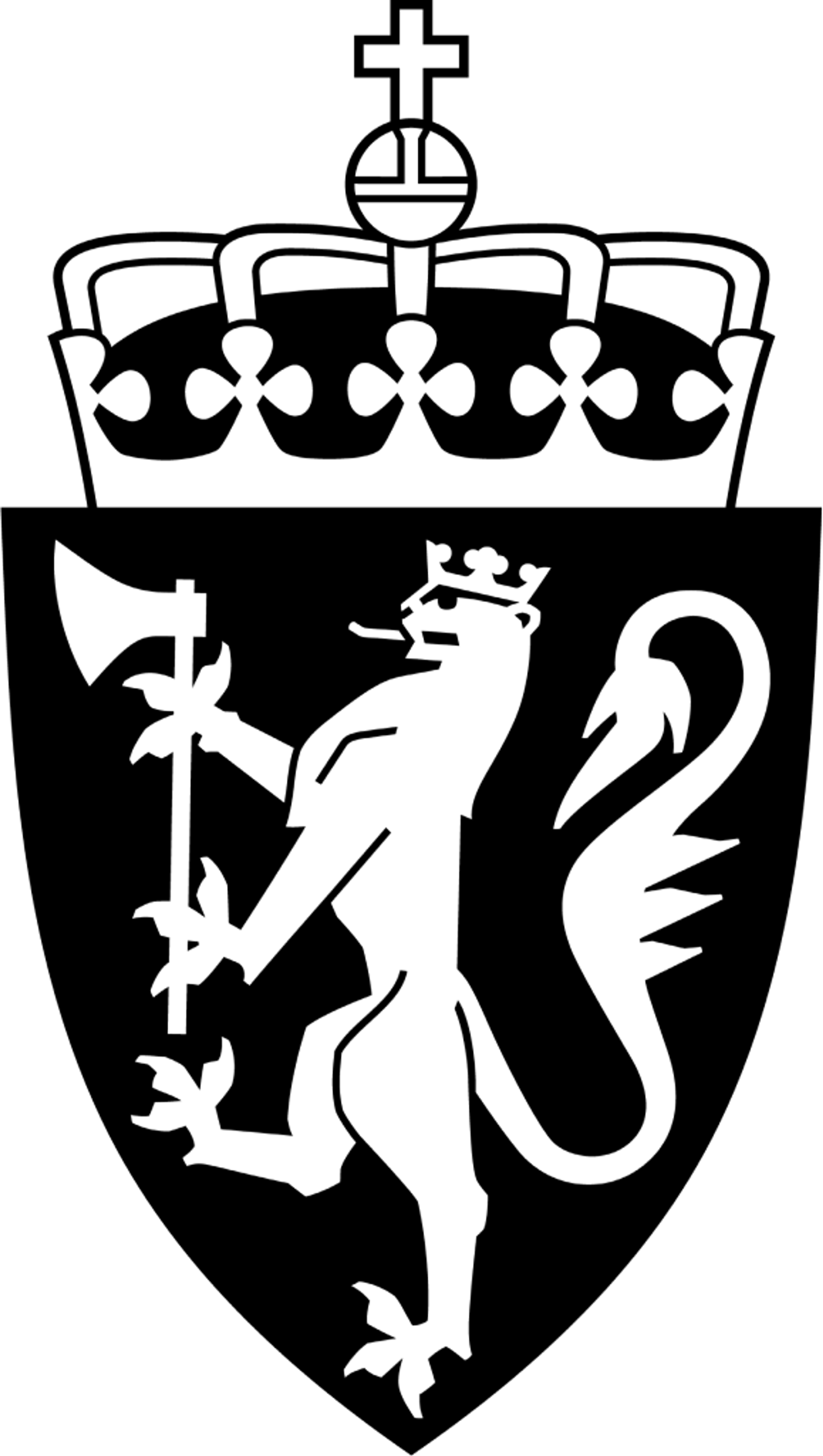 Den norske løven med hevet øks på skjold med krone.