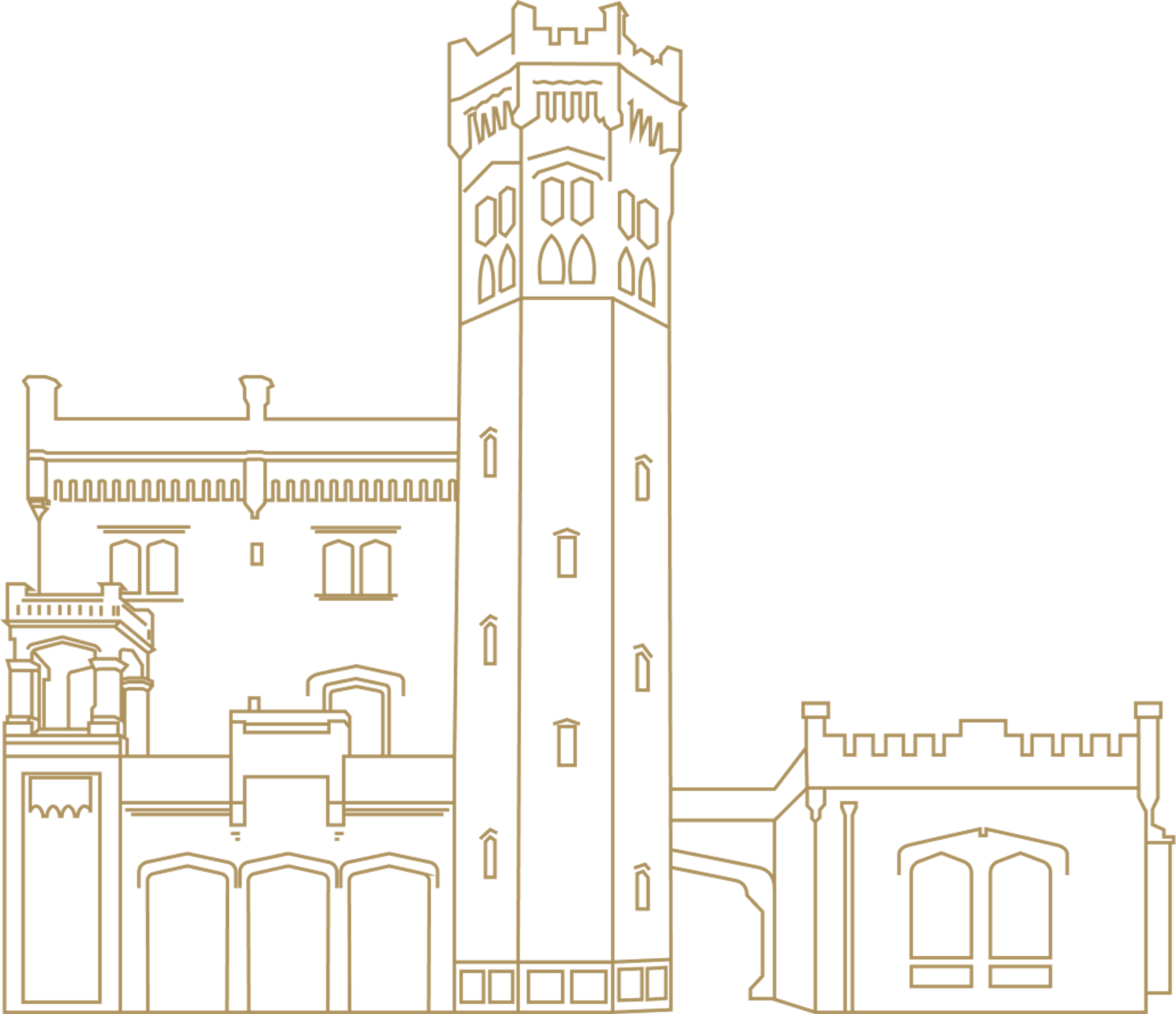 Skissetegning av Oscarshalls fasade. Skissen er i gullstrek.