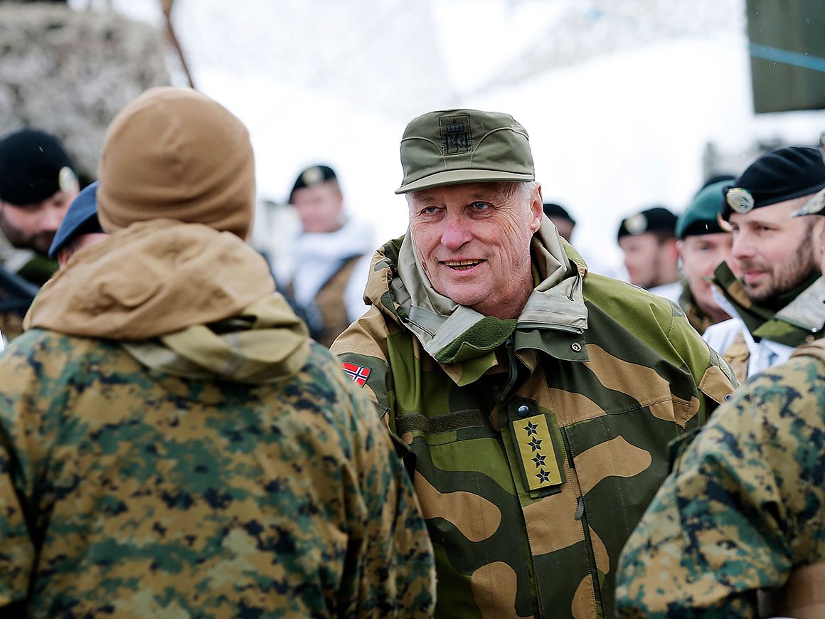 Kongen i feltuniform - firestjernes general - håndhilser på soldat med ryggen til. Kongen smiler. Flere soldater omgir dem.