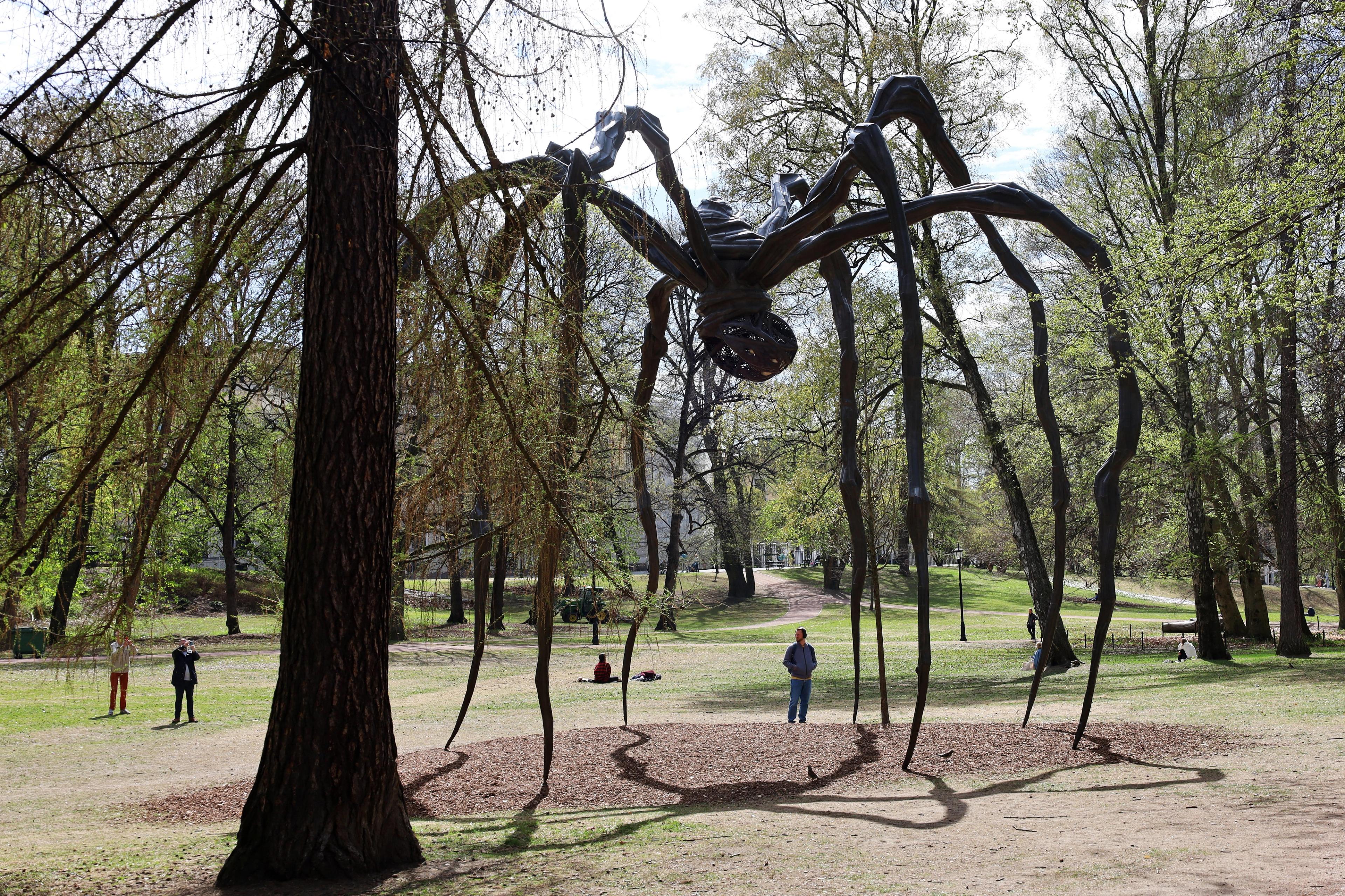 En gigantisk edderkopp i metall er plassert mellom trærne i Slottsparken og rager høyt over menneskene. Flere fotograferer.