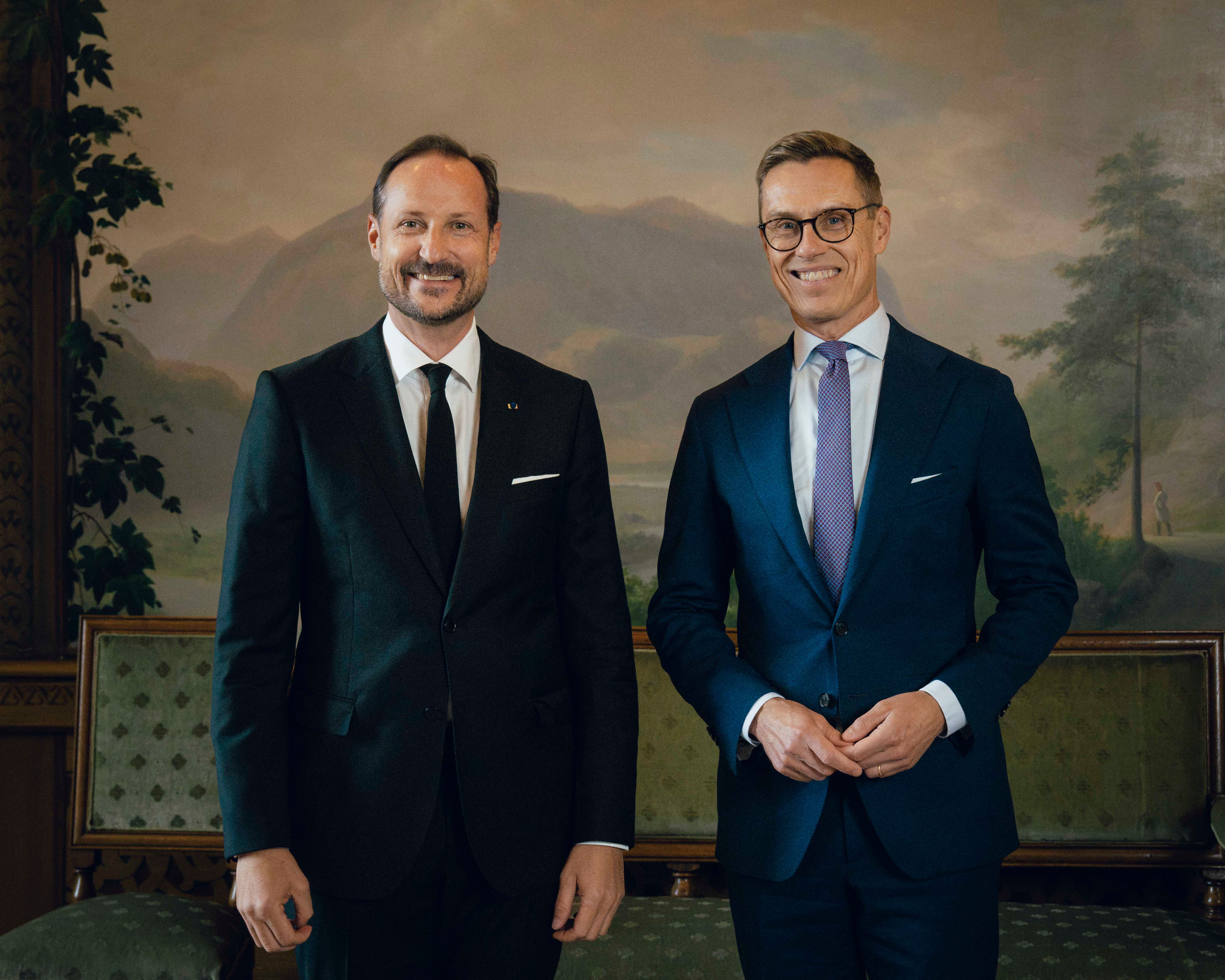 Kong Kong Haakon og Finlands president Alexander Stubb står i Fugleværelset på Slottet, kledd i dress. 