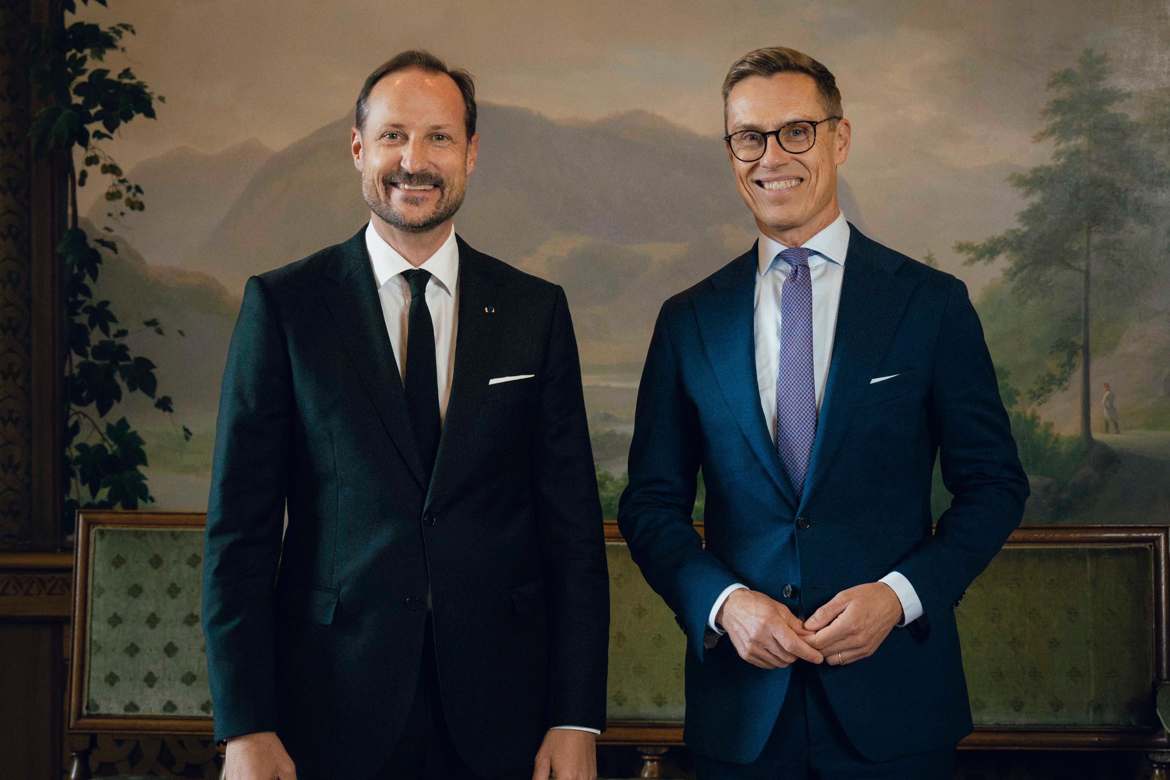 Kong Kong Haakon og Finlands president Alexander Stubb står i Fugleværelset på Slottet, kledd i dress.