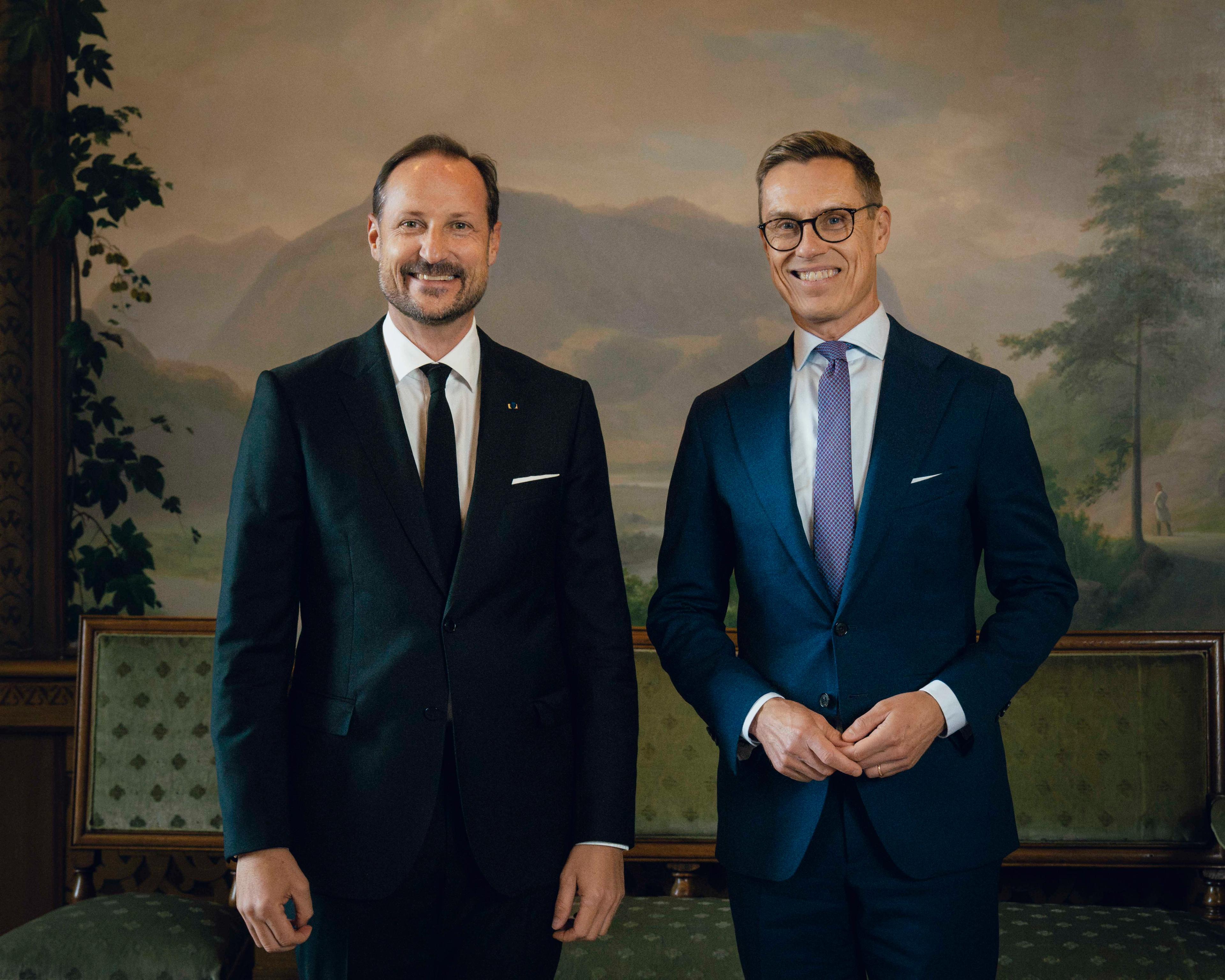 Kong Kong Haakon og Finlands president Alexander Stubb står i Fugleværelset på Slottet, kledd i dress.