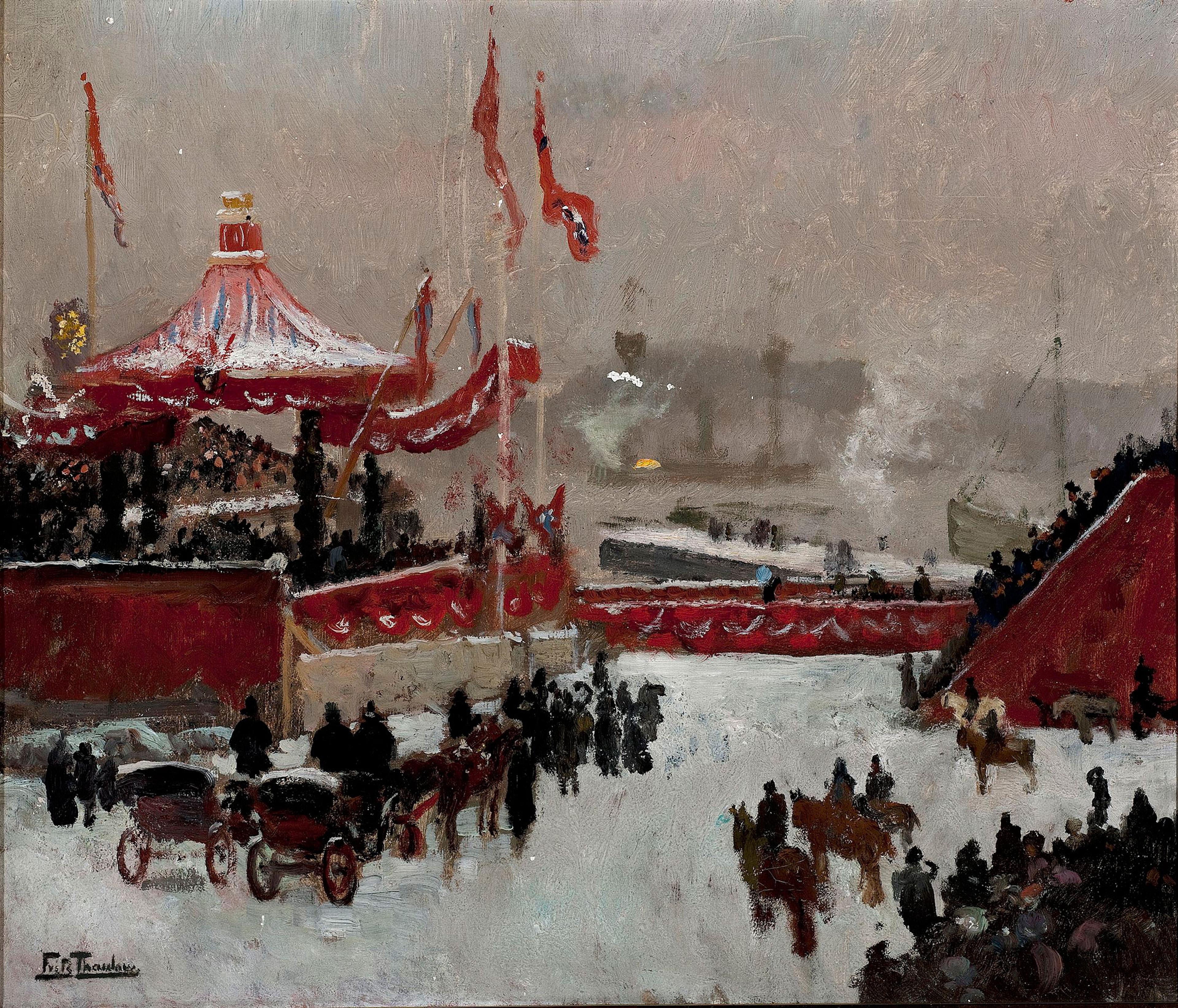 Maleriet viser kaia på Vippetangen i snødrev, der røde tribuner er satt opp for dem som har møtt fram. I bakgrunnen ligger skipet Heimdal.