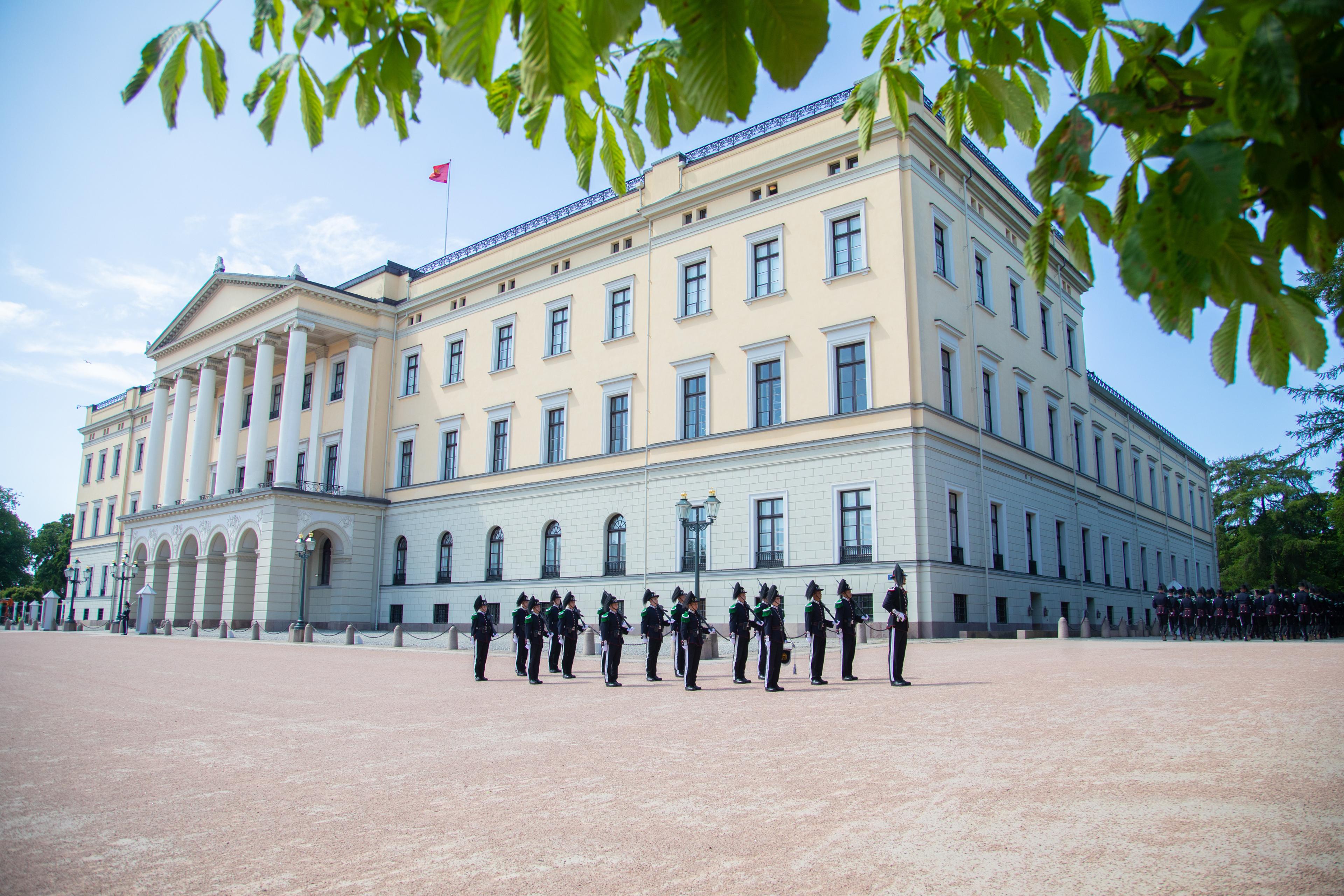 En gruppe på rundt 15 gardister står oppstilt foran Slottet.