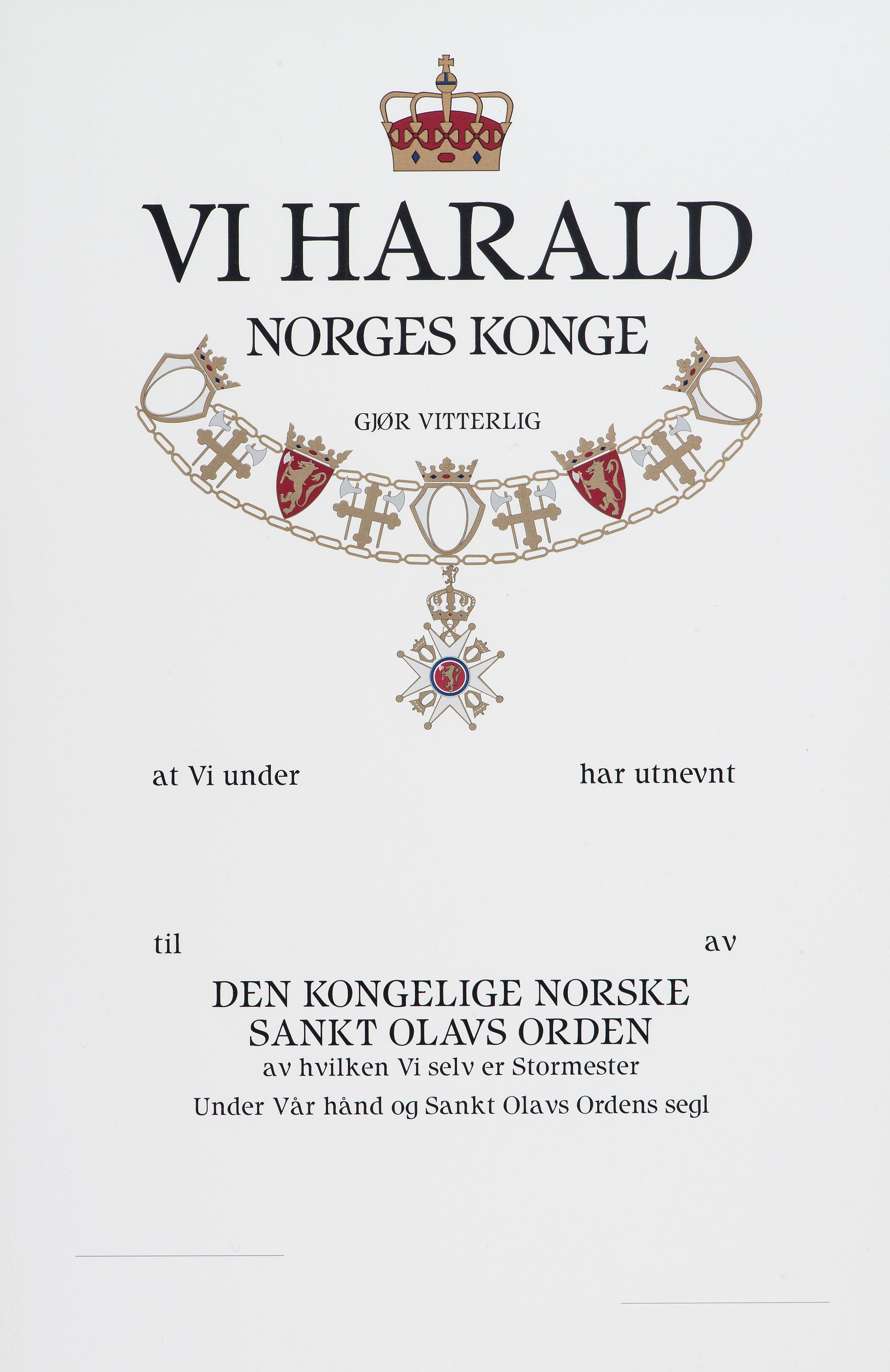 Diplomet som følger med ved utnevnelse til St. Olavs Orden.