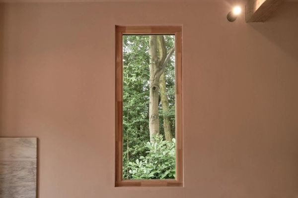 Internal view of the cabin window looking out on the forest