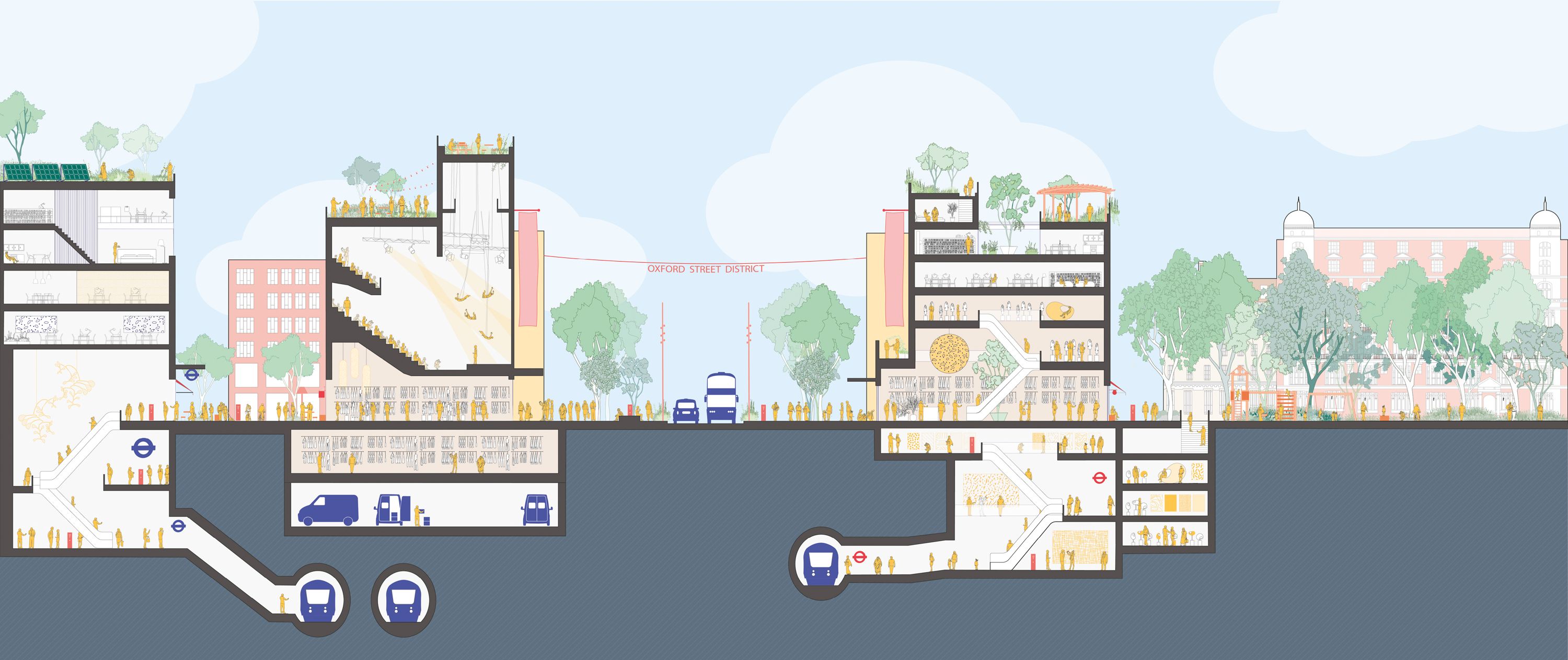 Section illustration of a pedestrianised Oxford Street with some cars and the underground station and entrance.