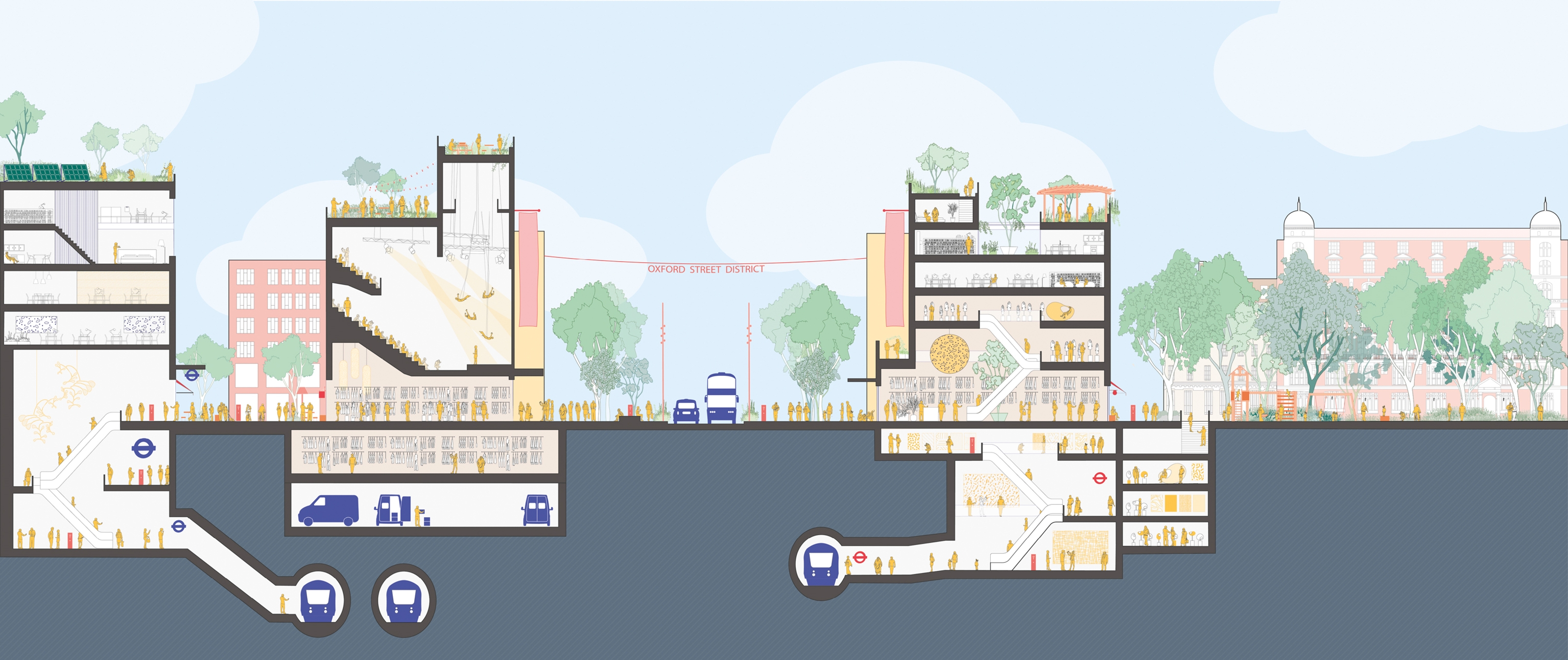 Section illustration of a pedestrianised Oxford Street with some cars and the underground station and entrance.