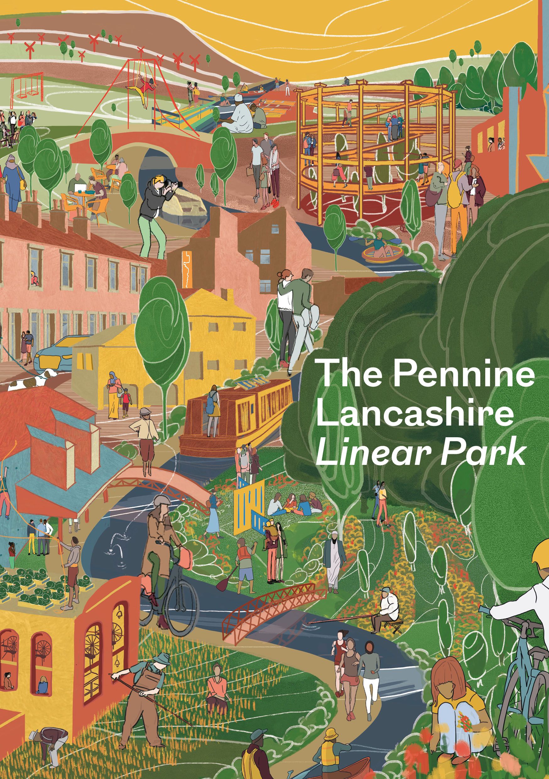Report cover titled the pennine lancashire linear park with a background illustration of a colourful town with a pathway running through the middle.