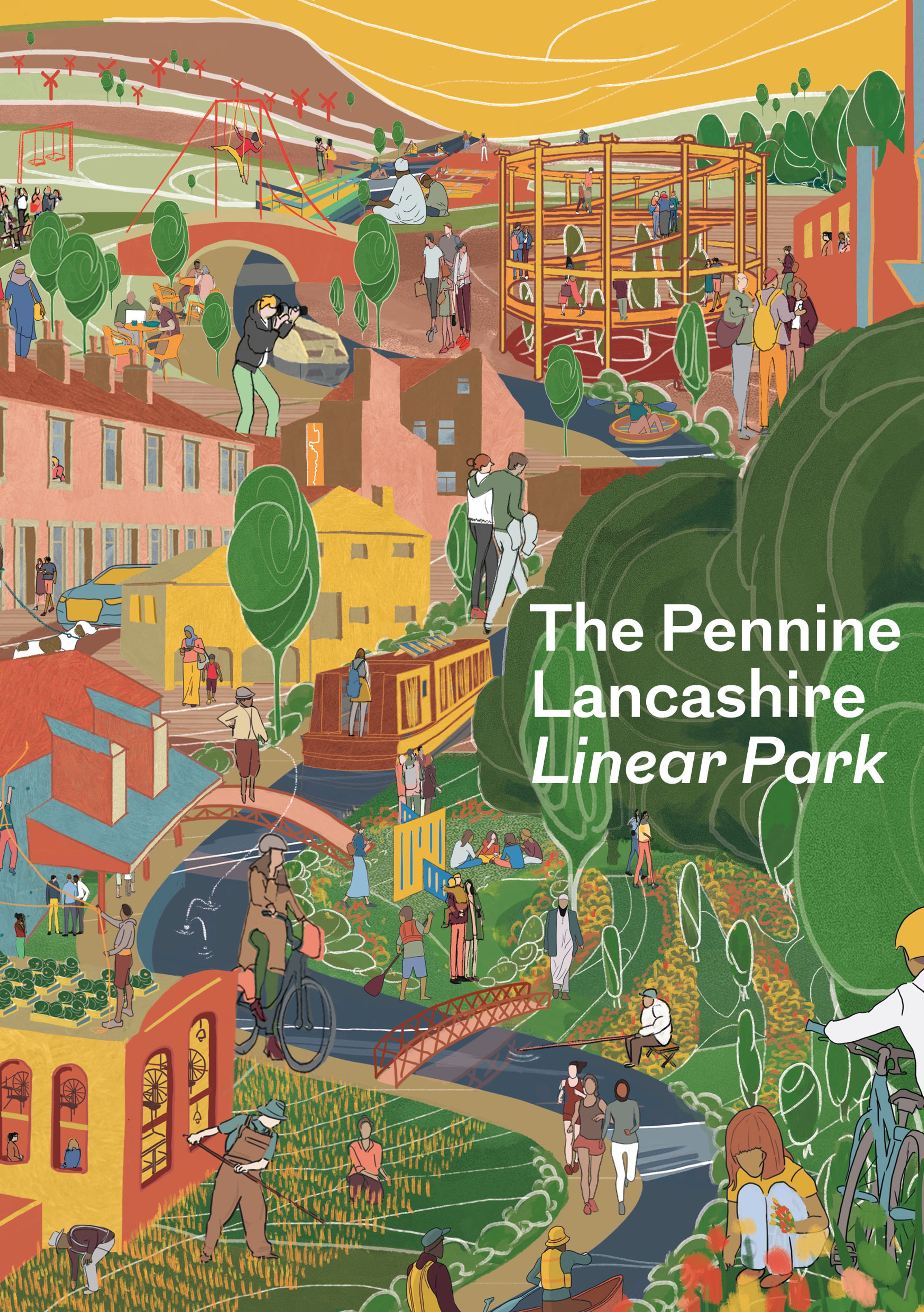 Report cover titled the pennine lancashire linear park with a background illustration of a colourful town with a pathway running through the middle.
