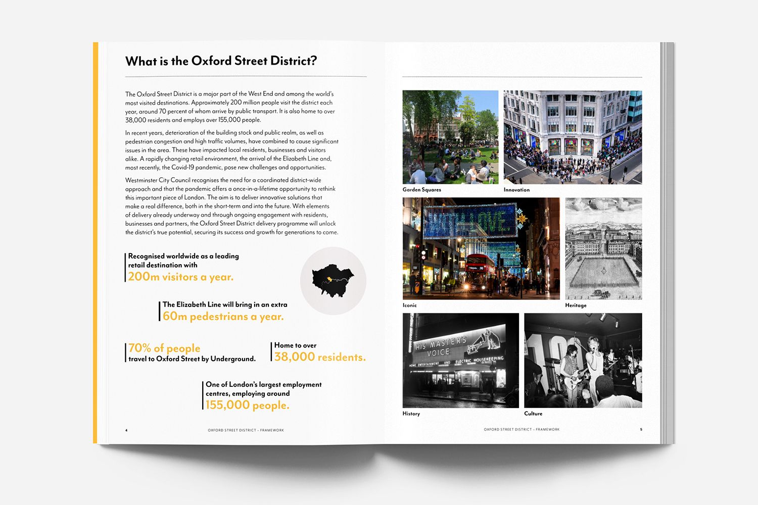 An open book with the page heading "Oxford Street District 2030".