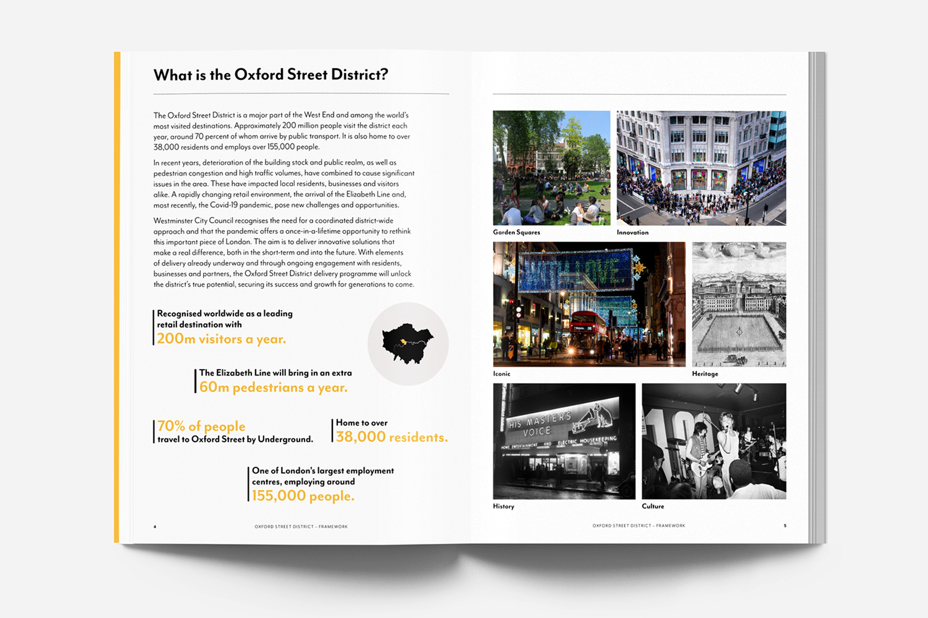 An open book with the page heading "Oxford Street District 2030".