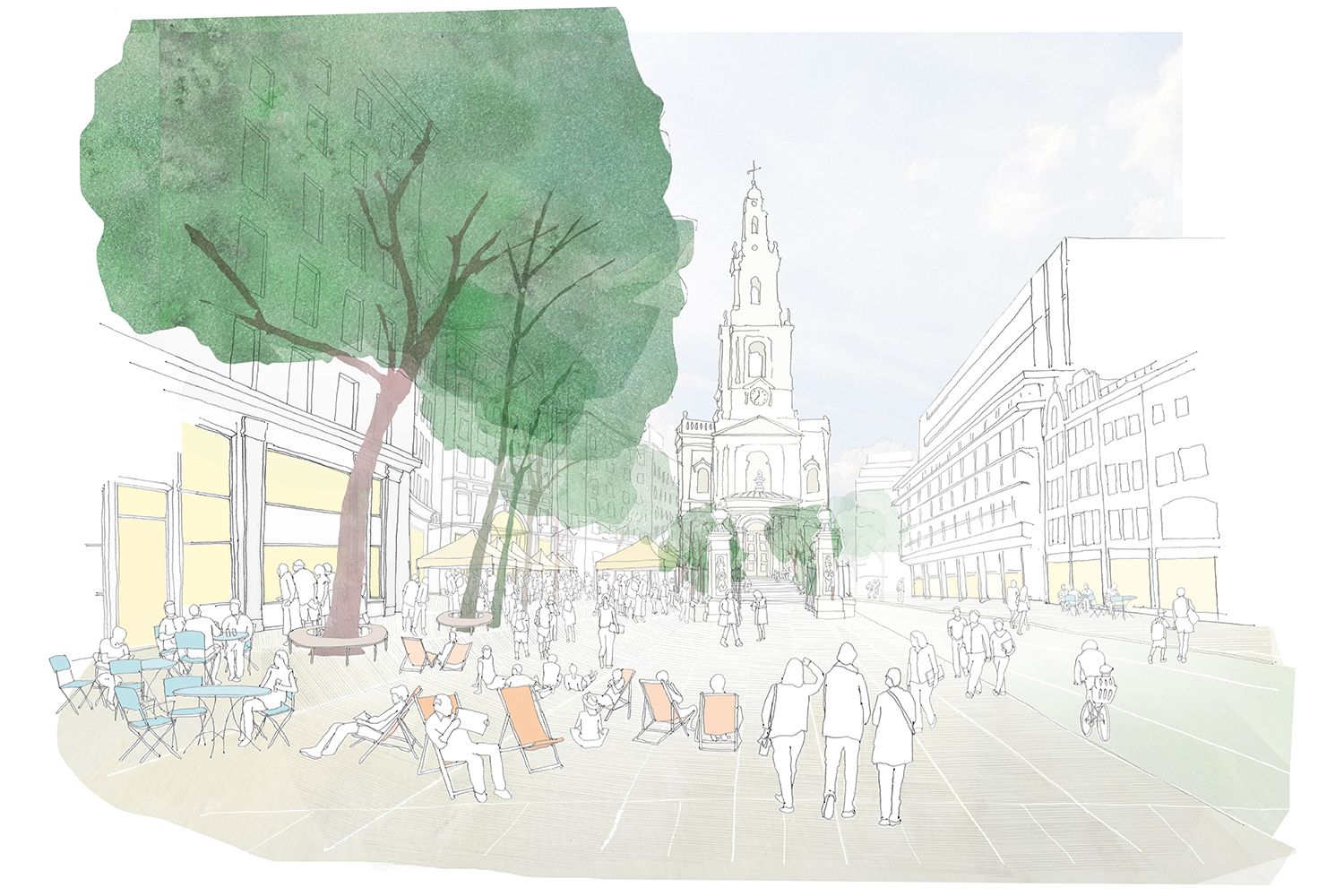 A view of the proposed new pedestrianised public space on the Strand looking east towards St Mary le Strand church with people sitting on deckchairs and at tables in the foreground.