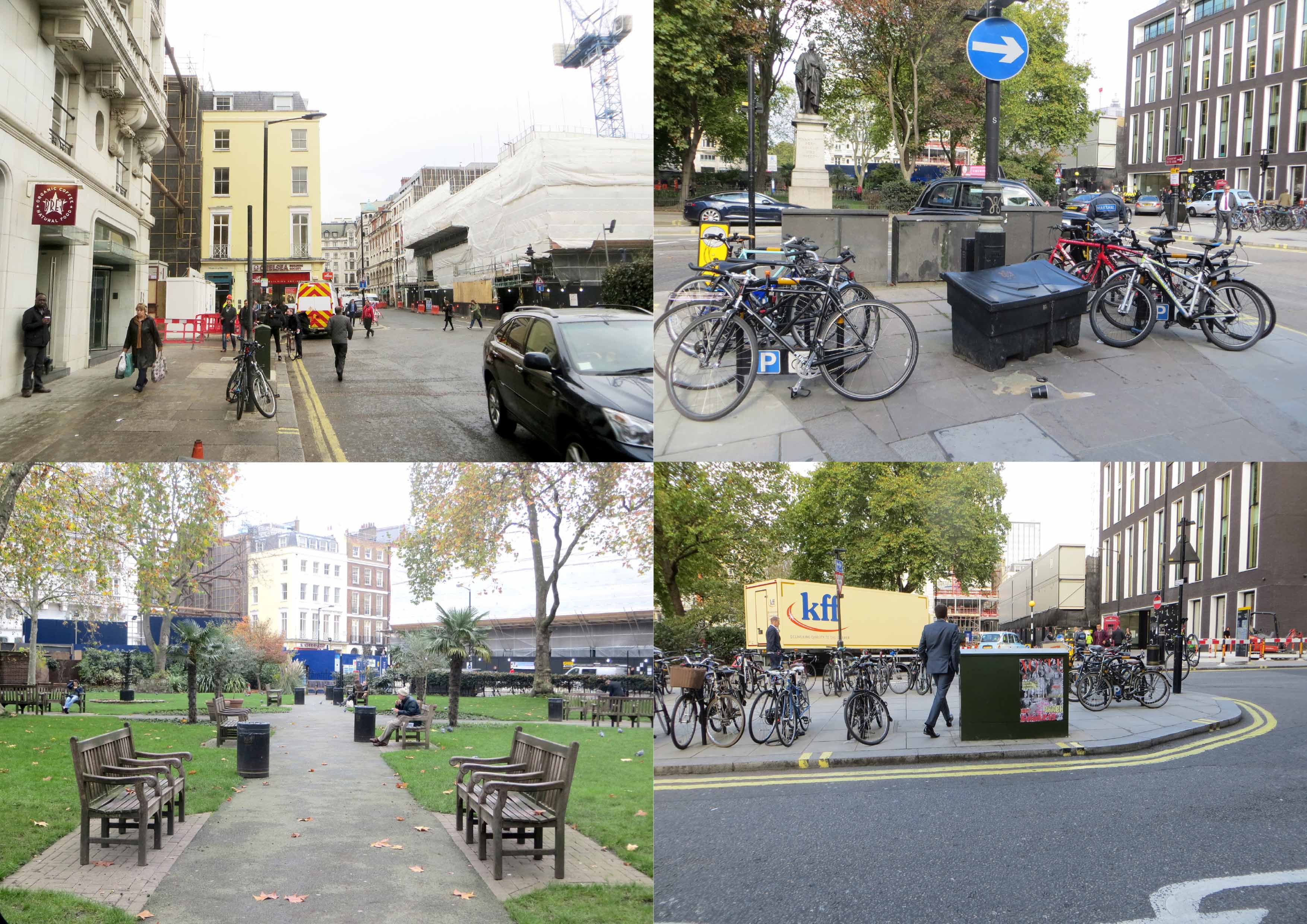Four photos showing Hanover Square including pavements, roads, bikes, and park benches.