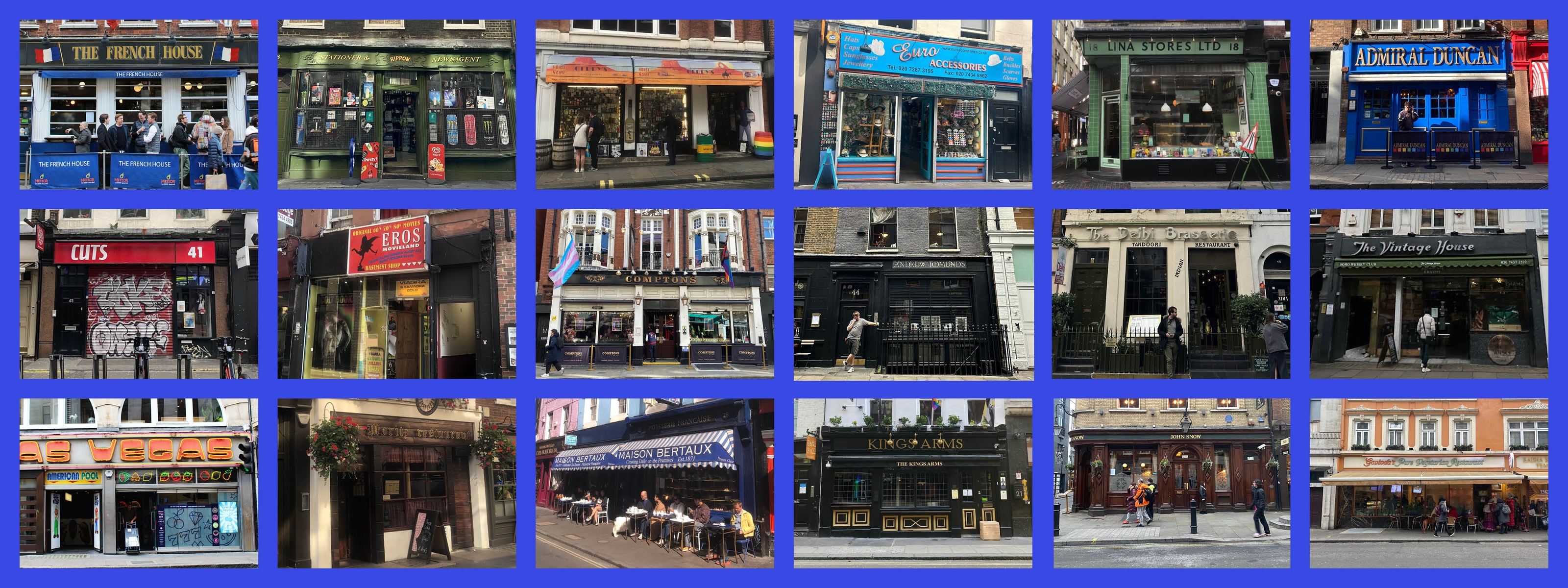 A collection of images of shopfronts with blue background.