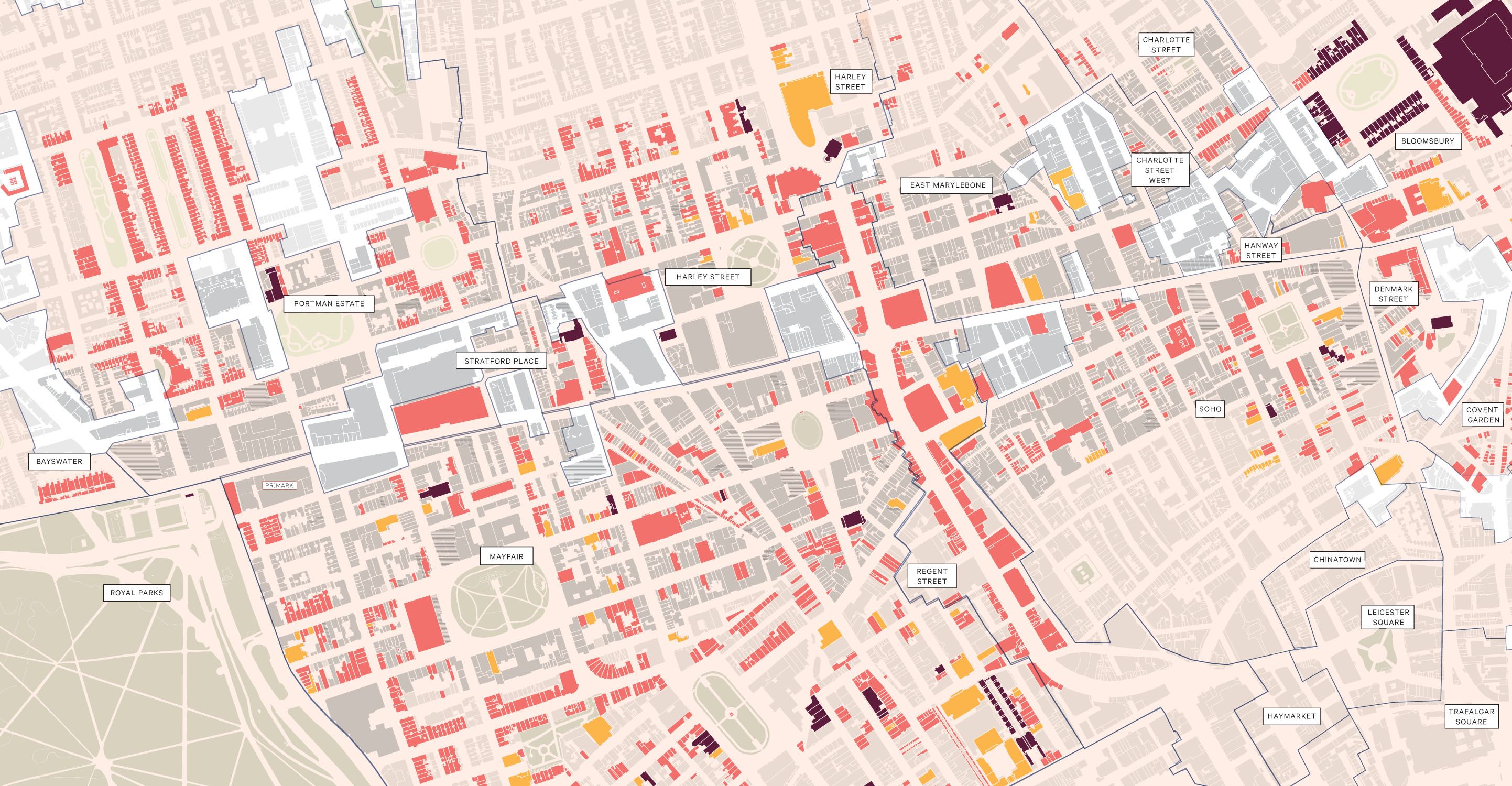 Plan of the oxford street district with conservation areas and listed buildings shown in red