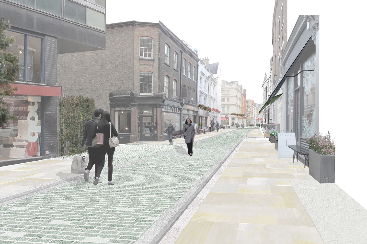 A view of the proposed concept design for Marylebone Lane showing widened footways, a flush carriageway and pedestrians walking down the street.