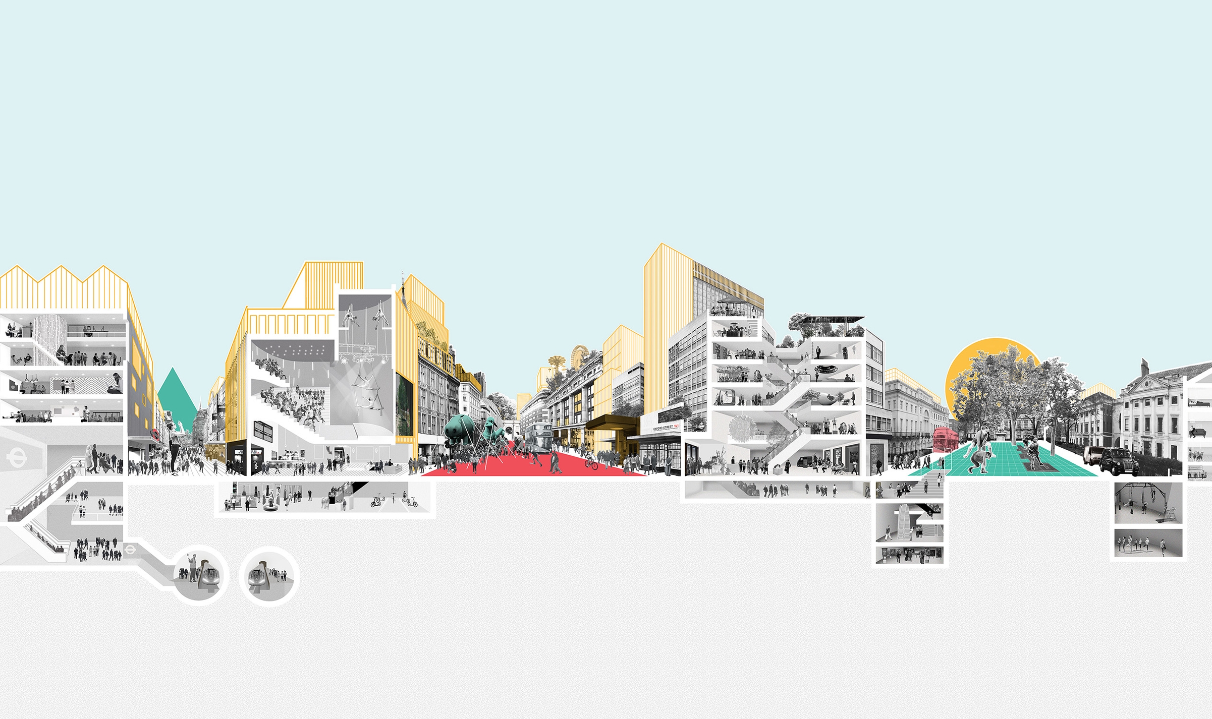 Illustrated view of three sections of Oxford Street and underground entrance with pedestrianised streets and extensive street activity.