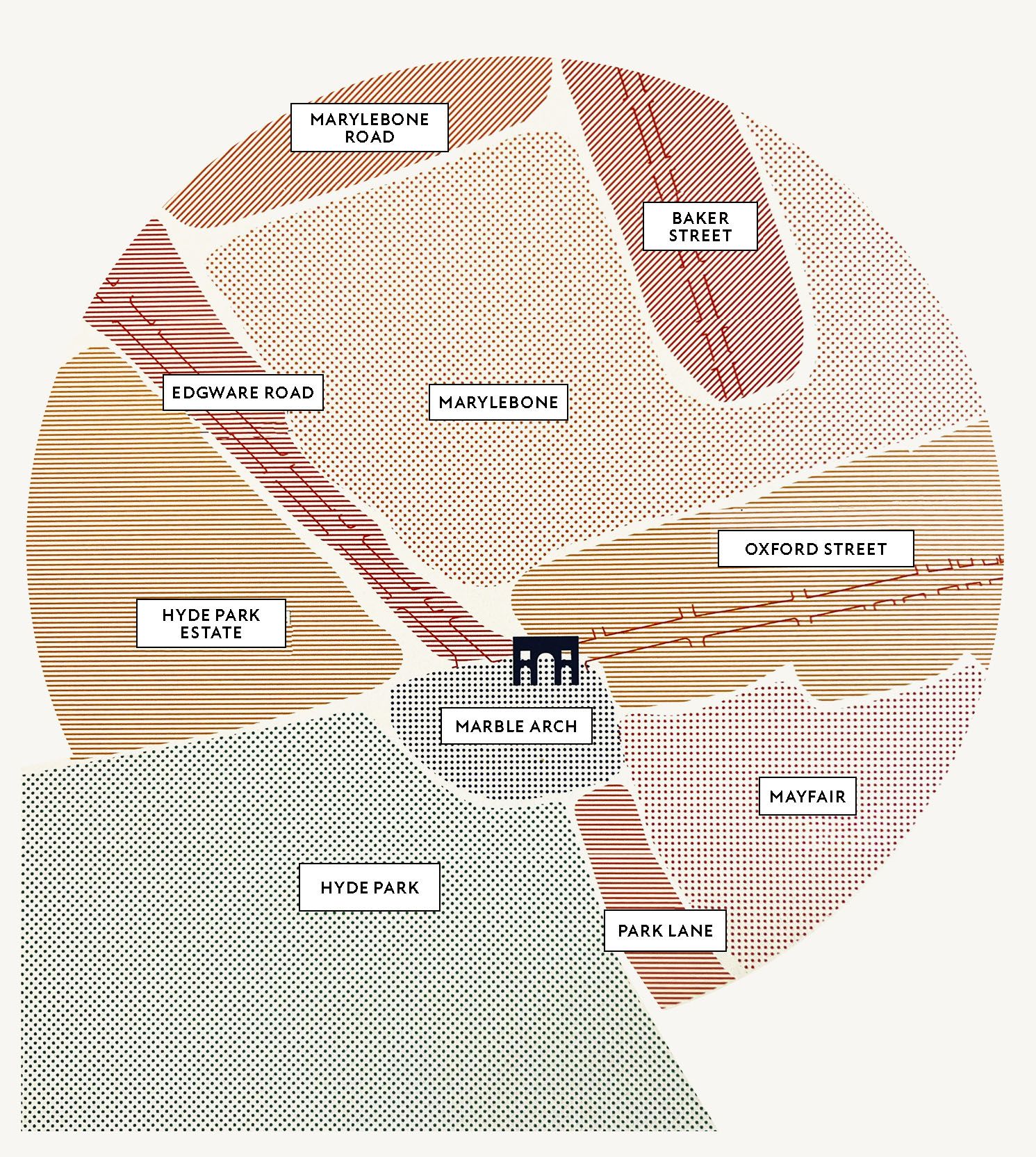 A map of Marble Arch with surrounding neighbourhoods and character areas.