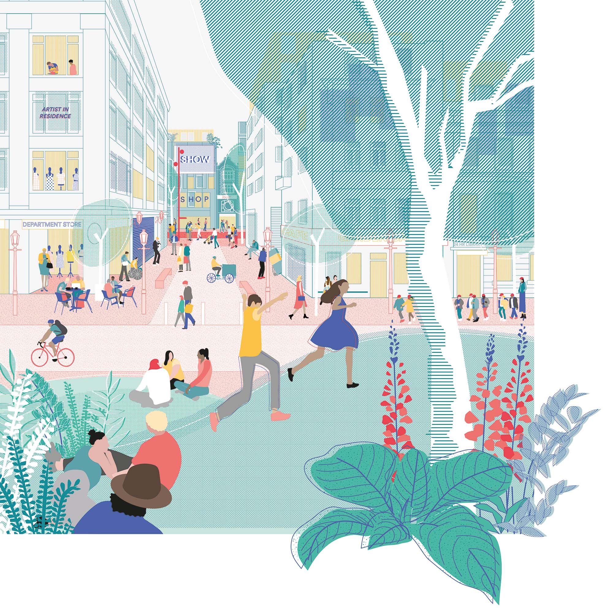 An illustrated view of an active green space with children playing and people sitting.