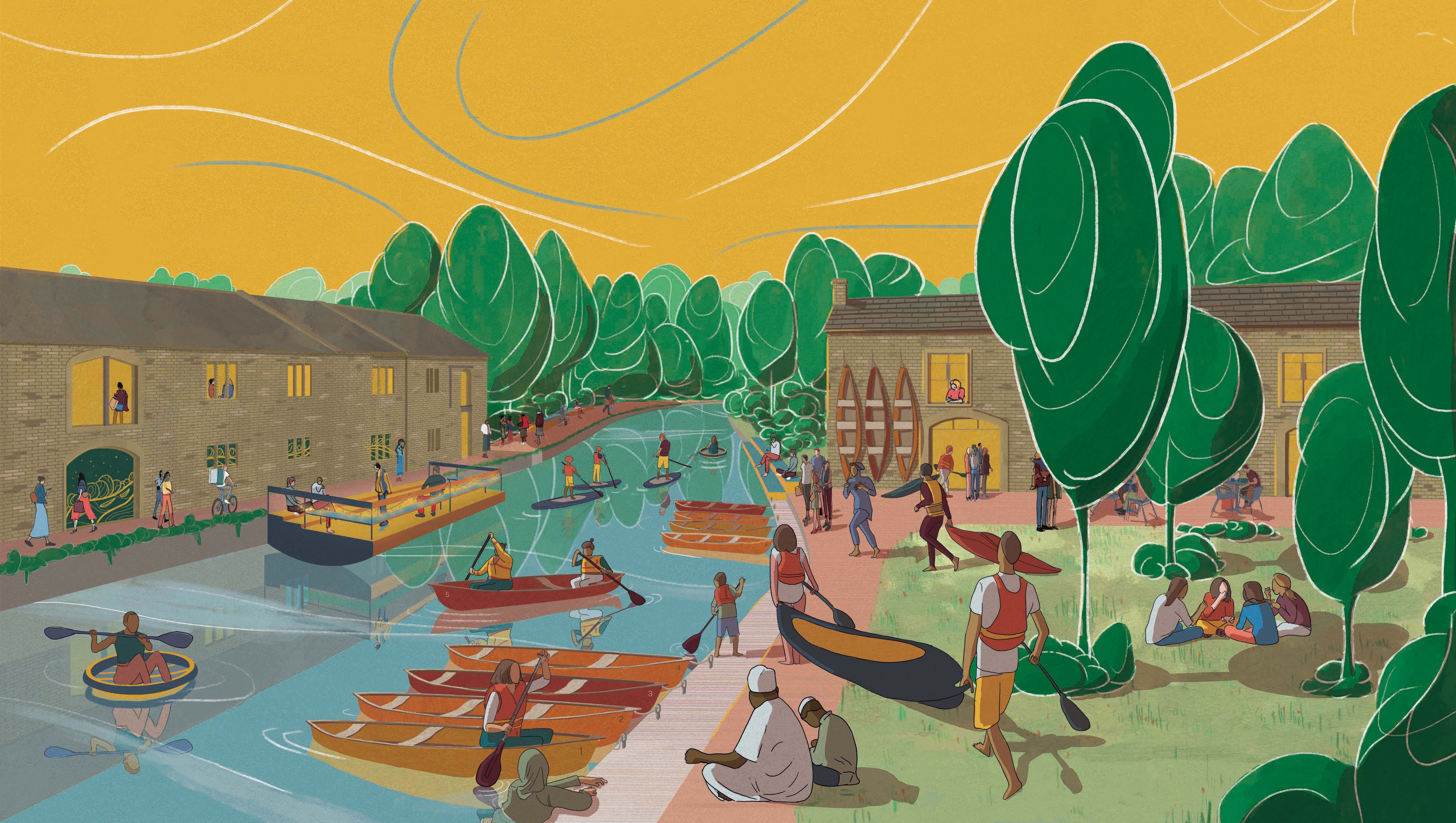 People in life jackets canoeing in a canal and renting or carrying canoes to the water.