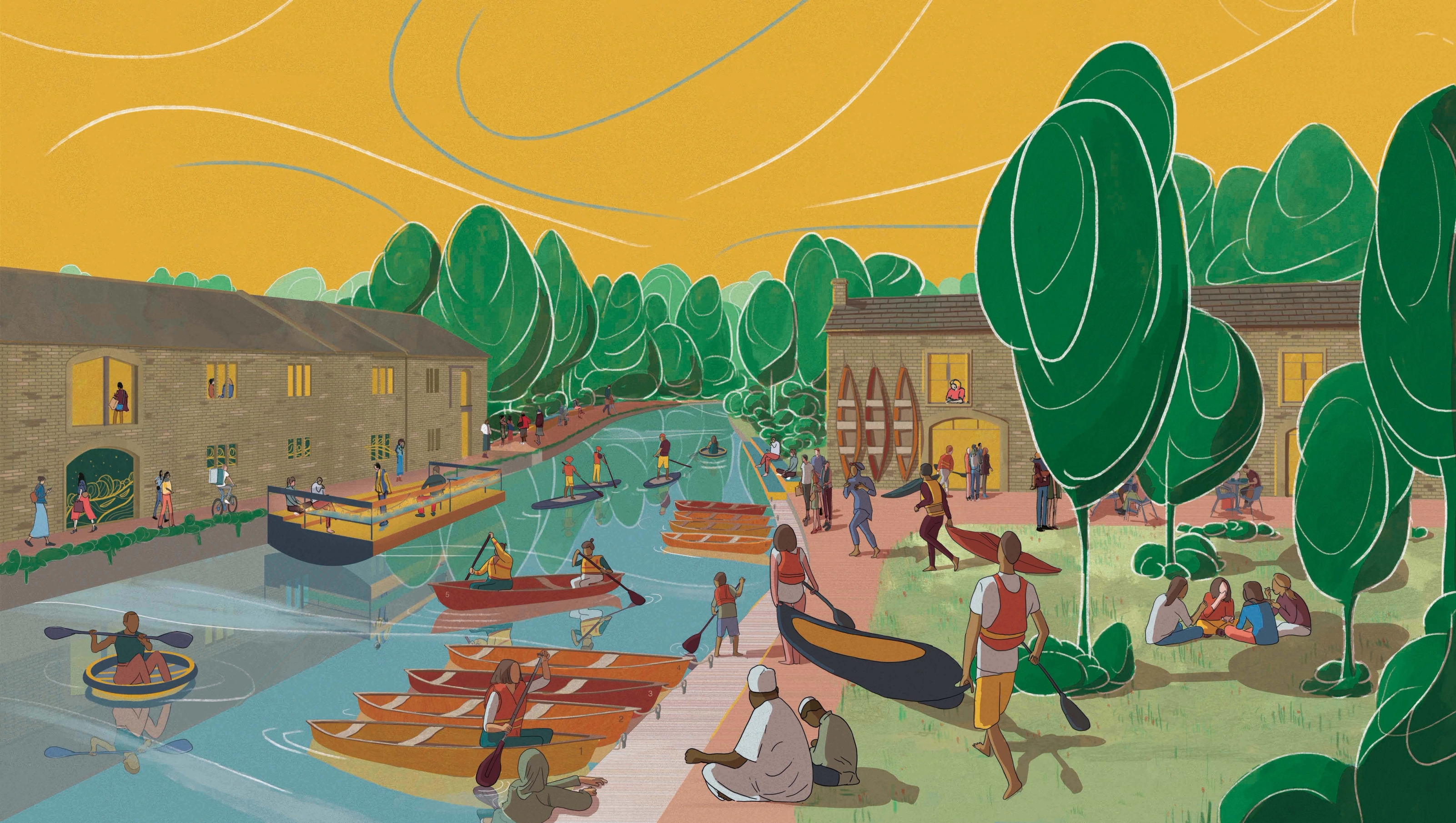People in life jackets canoeing in a canal and renting or carrying canoes to the water.